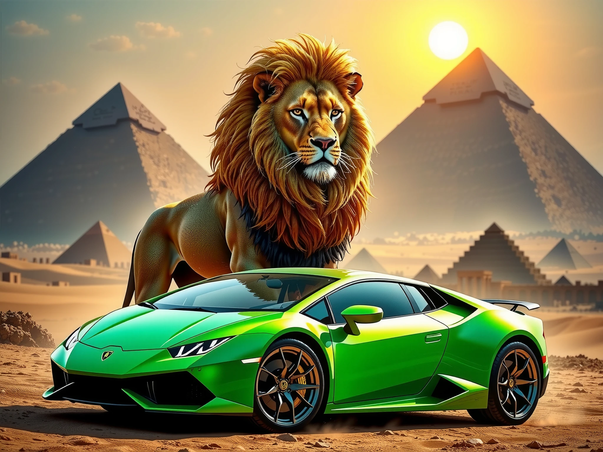 infinite symbol icon, unreal, 3d engine, 32k, relax logo for a channel,rainy theme,4A powerful lion stands proudly beside a vibrant green Lamborghini in the vast Egyptian desert. The backdrop features the towering pyramids of Giza, their ancient stones bathed in the warm glow of the setting sun. The lion’s golden mane billows in the breeze, its eyes fierce and regal, while the sleek, glossy green Lamborghini gleams under the desert sun. The contrast between the timeless, monumental pyramids and the modern luxury car creates a surreal and striking blend of nature, history, and cutting-edge designk hyper quality