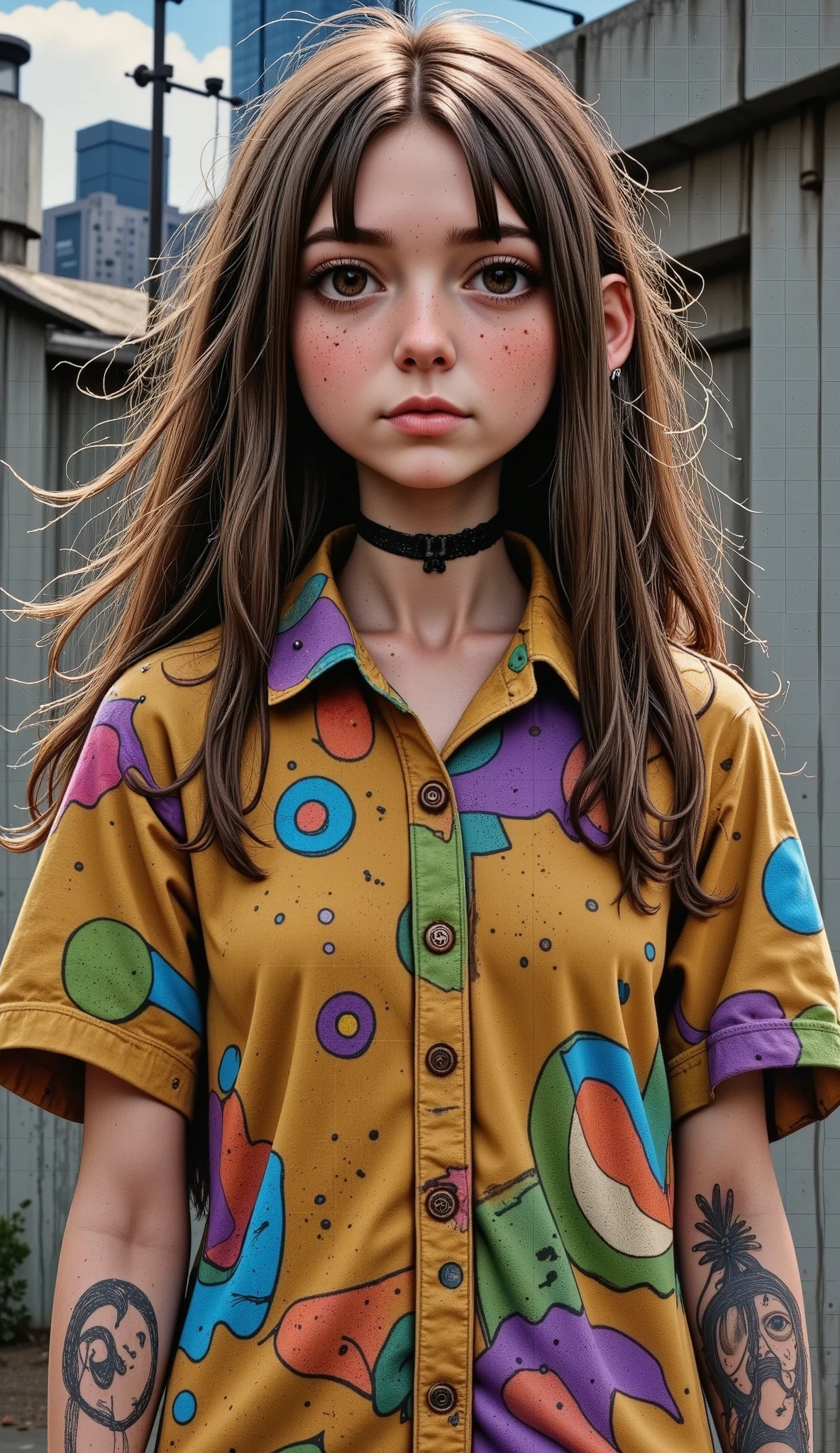 Beauty、 A girl with a realistic skin texture is standing in front of a concrete background . Her dirty shirt adds a sense of roughness to the overall image .. She has a tattoo on her arm , Which adds an avant-garde touch to her appearance .. The image focuses on the ultra-detailed representation of her skin , ensuring that every pore and wrinkle is accurately represented . The background defines the environment with its industrial style ., urban feel . Lighting plays a crucial role in improving the realistic and photorealistic effect of the image. The colors are vivid and the details are sharp ., , , which results in a 8k image of the best quality resemble a masterpiece .