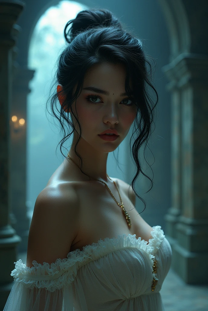 Two Asian women wearing transparent white dress ,lingerie,con tacones plateados ,contra la pared, Primer plano de la cara, luz lateral,senos grandes ,trasero grande,tatuajes ,cabello blanco,pubic hair,exitada,sensual,castillo medieval