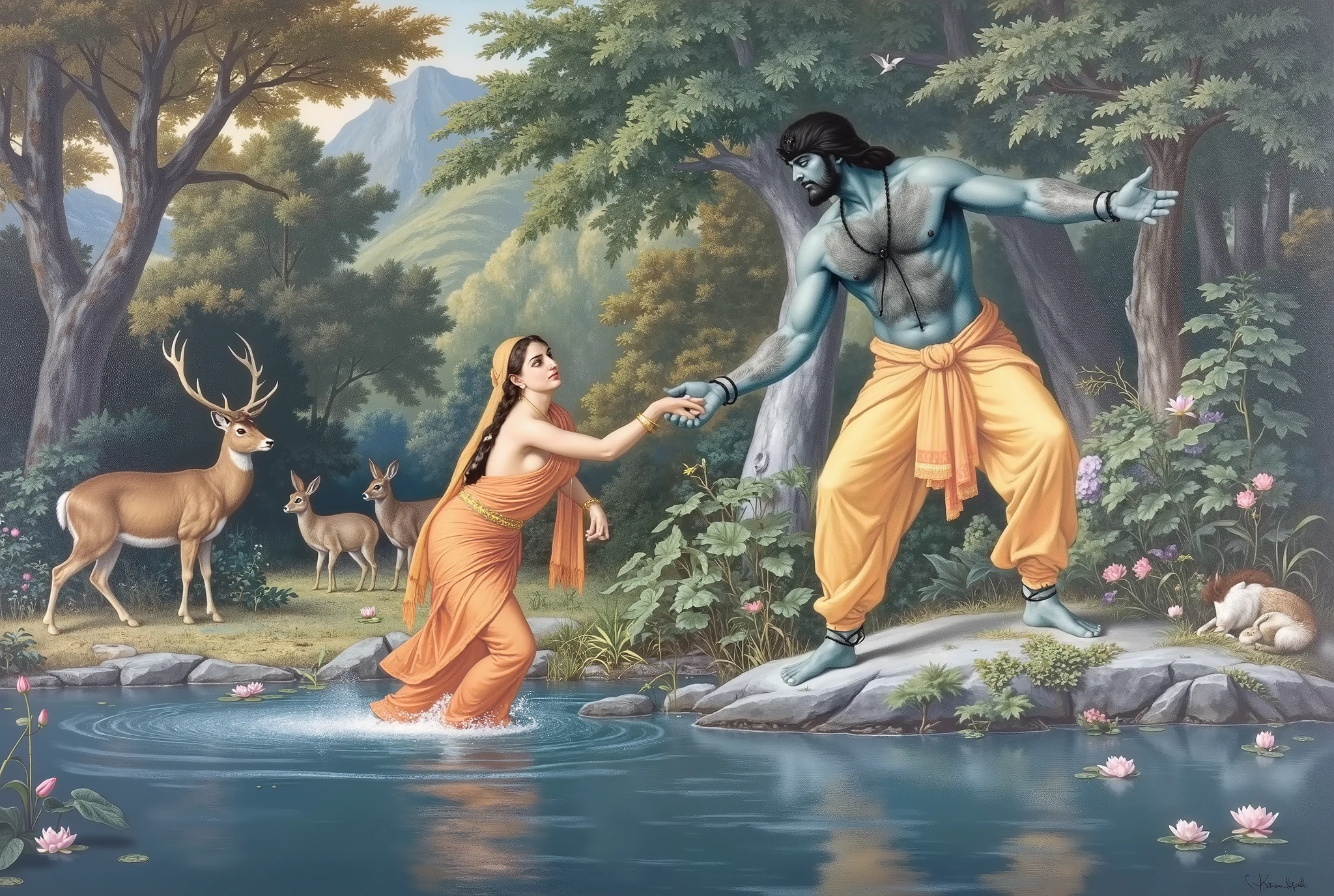 Create a realistic and highly detailed Renaissance-style painting depicting Lord Rama and Sita during their exile in a serene forest. very handsome, tall, beefy desi man with dark Turquoise skin and full beard as lord Rama is portrayed standing on the rocky riverbank he has broad hairy chest, offering his hand with a protective and compassionate expression to beautiful Sita, who is stepping out of the gentle river. Sita wears an intricately draped saffron-orange saree, rendered with delicate folds that reflect the play of light and shadow, her face radiating grace and trust. Rama is adorned in a saffron dhoti and sacred beads, his muscular, beefy, hairy form painted with anatomical precision and a divine aura. The setting is a lush, dense forest, with towering trees whose leaves allow dappled sunlight to filter through, illuminating the couple and casting dramatic shadows. The river is calm and reflective, with rippling water adorned with lotus blossoms. Wildlife, including a majestic deer, rabbits, and birds, stands nearby, adding an element of natural harmony. In the background, intricate details of foliage, gnarled tree trunks, and scattered wildflowers evoke a sense of depth and realism. Use a rich color palette with earthy tones for the environment, contrasted with warm, golden light highlighting the couple. The painting should convey an emotional resonance of love, devotion, and divine protection, characteristic of the Baroque style's dramatic storytelling and Renaissance attention to detail.