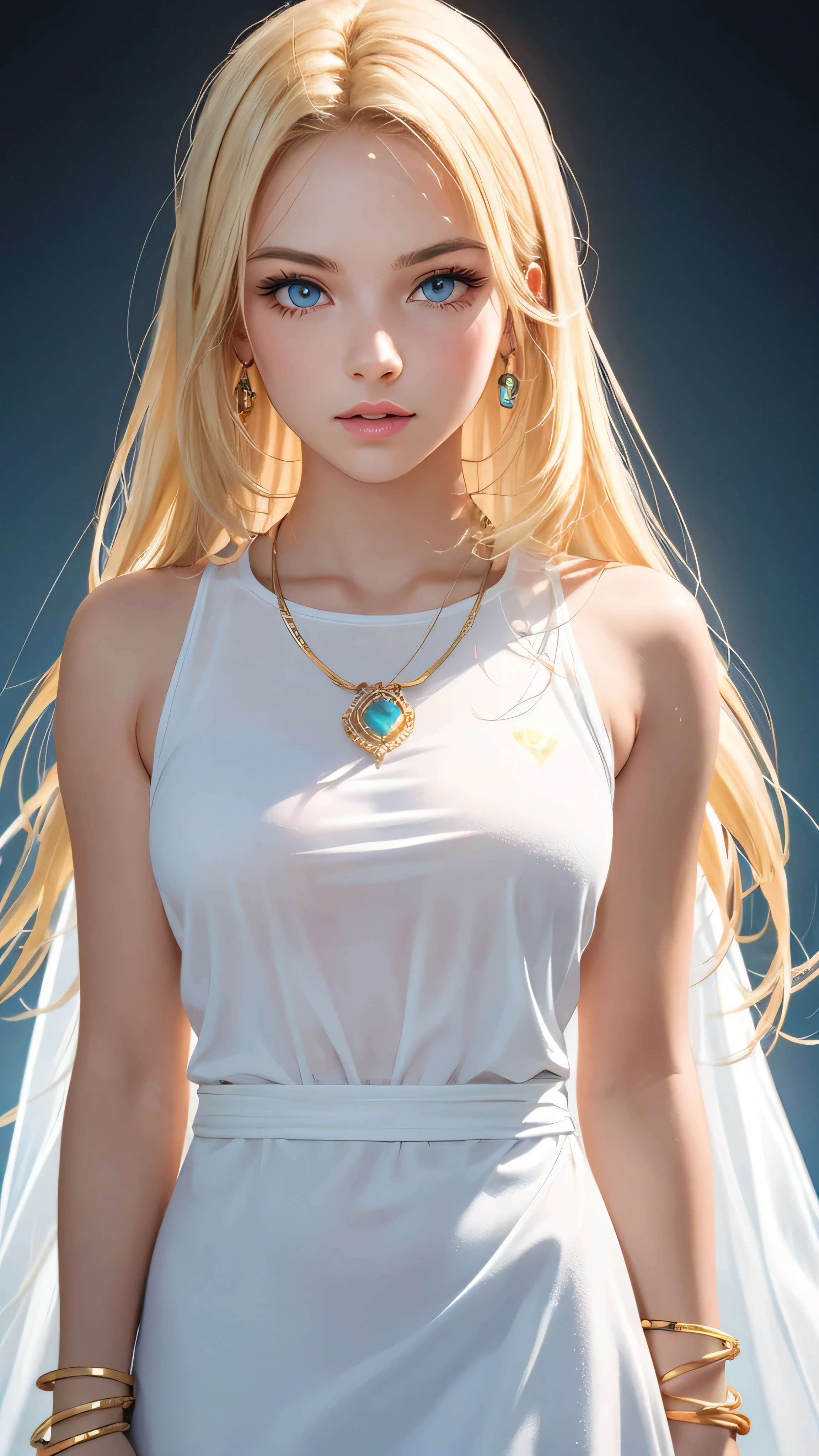 Venus, Goddess of beauty,fresh flowers,Refreshing and blue,Hair crown,long hair flowing,choker necklace,Fair and delicate skin,bangle,ankle bracelets,flowing clouds,fresh flowers,(nice hand),(Good feet),(good legs),realisticlying,white skinned,((Correct body structure)),decorated in white,with blue sky and white clouds,Clean skies,Head background with round light,Behind him is a faint rainbow circle,Front lighting,No shadows on the face,Unreal space,ethereal world,dreamworld,tmasterpiece,4K,ultra-definition,professional photoshooting,