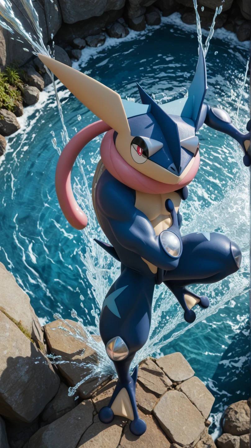 score_9, score_8_above, score_7_above, score_6_above, score_5_above, score_4_above, source _ hairy, pokemon (creature), greninja _predetermined, Alone, Standing on one leg, Water, full body, Ojos rojos, bright paboveils, white paboveils, eyes, ,in a crouching pose, Legs open from the front down, seductive look , launching water attack , backward