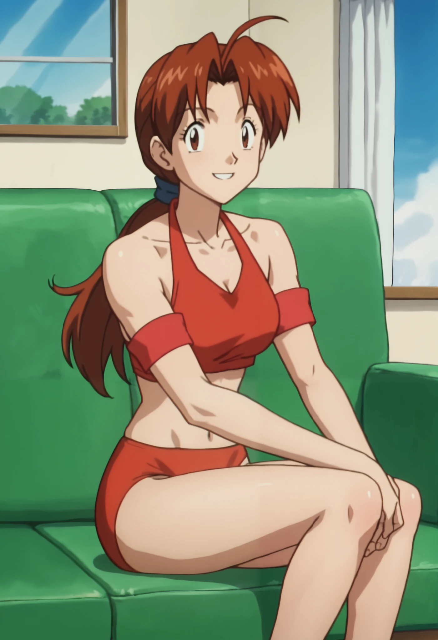 score_9, score_8_up, score_7_up, score_6_up, anime screencap, anime coloring, PMDeliaK, 1girl, solo, brown hair, ponytail, ahoge, long hair, parted bangs, brown eyes, hair tie, (soft biceps:0.8), (raised fists:1.3), red tight armband
red bikini,
crossed legs, smile, looking at viewer, sitting,
BREAK, indoors, couch, blue sky, sunbeam,