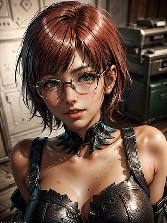  close-up , full face. Short,  red hair,  green eyes,  metal-framed glasses , smiling  in a colorless dress. ( masterpiece,  top quality,  Better quality ,  official art ,  beautiful and aesthetic:1.2),  extremely detailed ,( fractal art :1.2), Colorful ,The most detailed, ( dynamic pose ). (( skin texture ,  shiny leather. elegance.  photorealism . Unreal engine.  3d Model.  Ultra high quality textures.  High detail.  8k resolution))