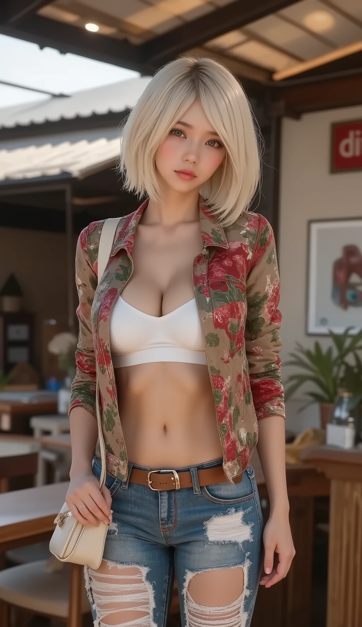 (Masterpiece:1.2, best quality ), 1 Female, Alone, upper body, Big Breasts, pair a chic, edgy leather jacket with a classic white t-shirt and distressed jeans for a relaxed, confident vibe with minimal makeup and a messy bang ( Music festivals and trendy downtown neighborhoods ) Statement sunglasses and oversized jewelry , with a convenient crossbody bag