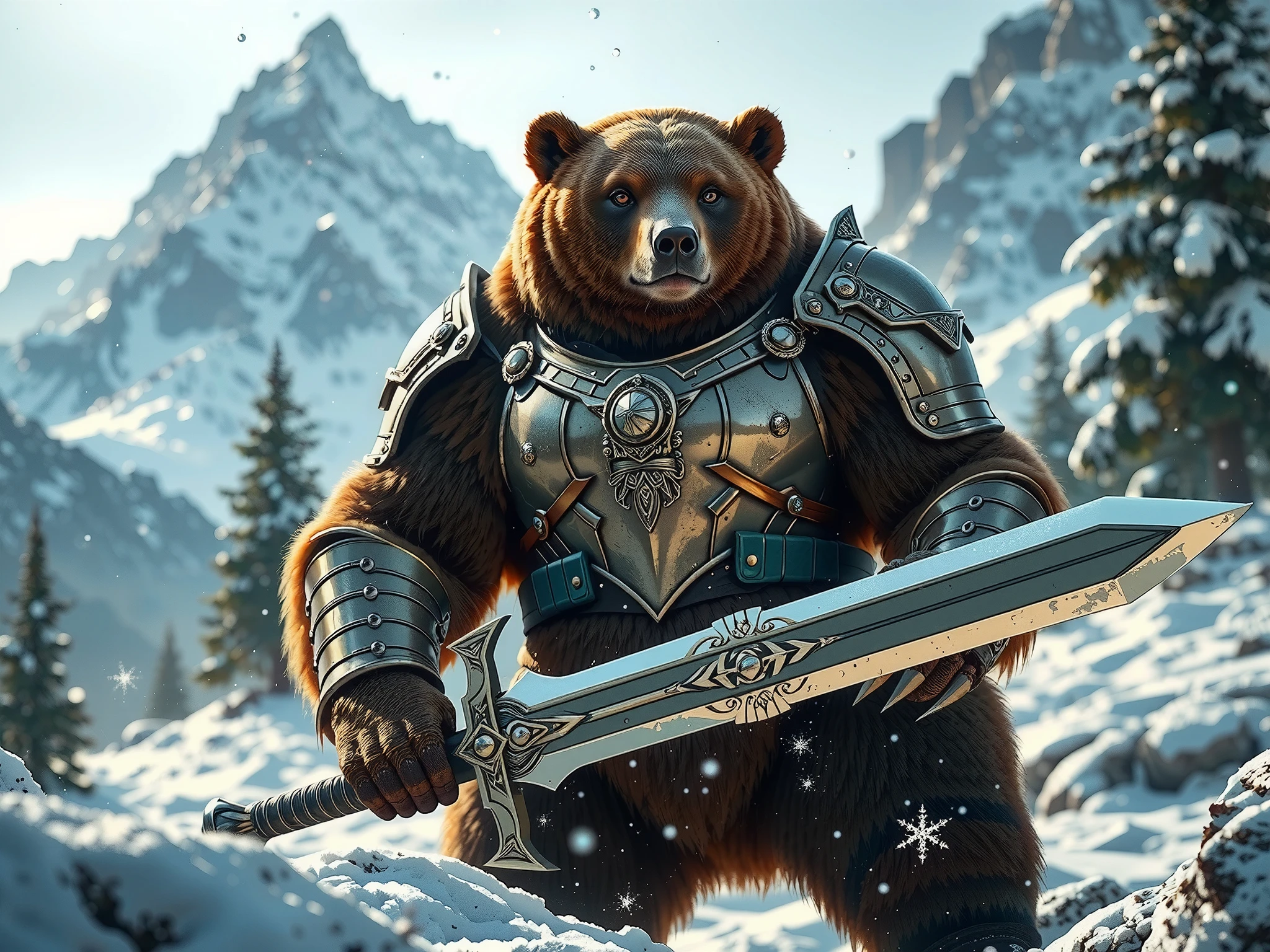 A large, powerful bear wearing armor, standing tall with a sword in the snowy landscape.