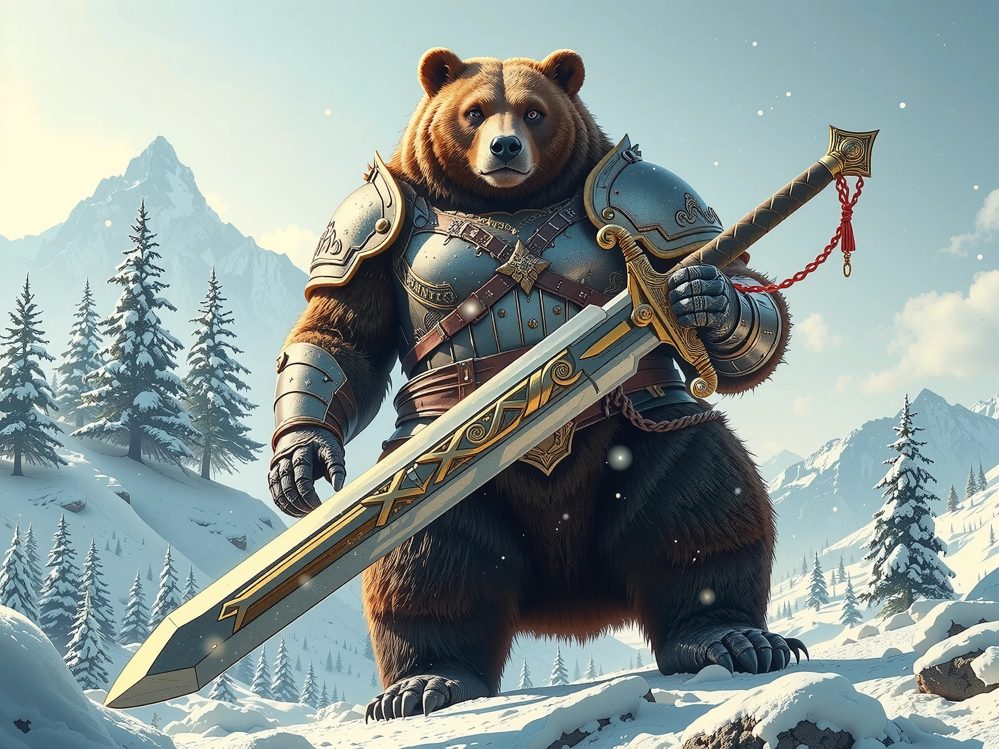A large, powerful bear wearing armor, standing tall with a sword in the snowy landscape.