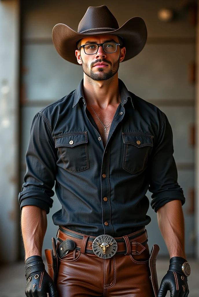 Handsome (Sterling Night) dressed as a topless American western gunslinger