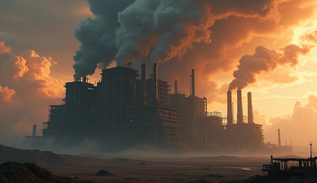 smoke billowing from a factory chimney at sunset, covering the city with smoke, power plants with smoke, pollution, industrial fires and smog, polluted, air pollution, smoke from chimneys, toxic glowing smog in the sky, particulate, toxic air, plumes of smoke in background, smokestacks, air particles, smog, fumes, factories and nature, steam pipes, silicon and carbon, no signature, 8 k, ultra detailed, award winning, (intricate details), (hyperdetailed), 8k hdr