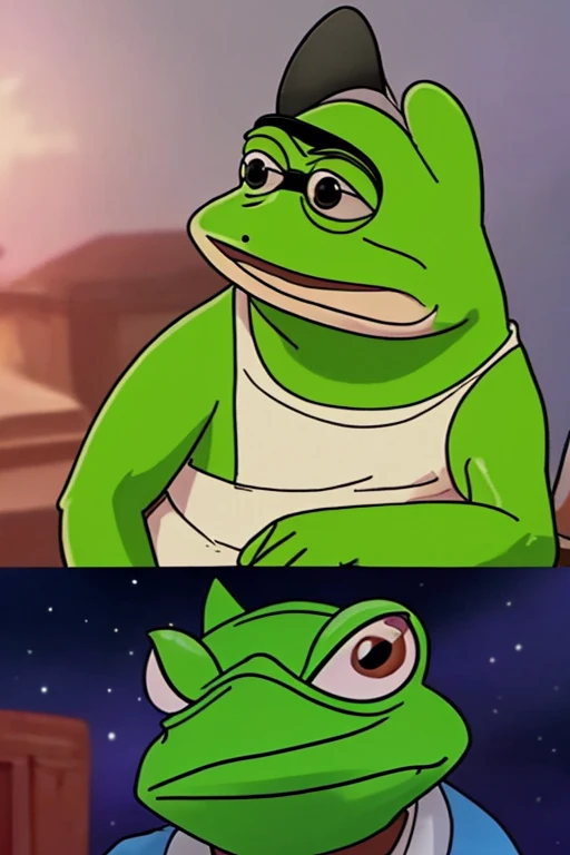 um desenho animado de um homem com um grande peito e um grande sorriso, super rico feliz Pepe, 4 chan Pepe, sapo Pepe, Retrato de Pepe, o sapo, Pepe, o sapo, Pepe, thicc, as an anthropomorphic turtle, Mitch McConnell como uma tartaruga, Peter Griffin Tipo de Corpo, Sapo grande, muscular bernie sanders, thicc build