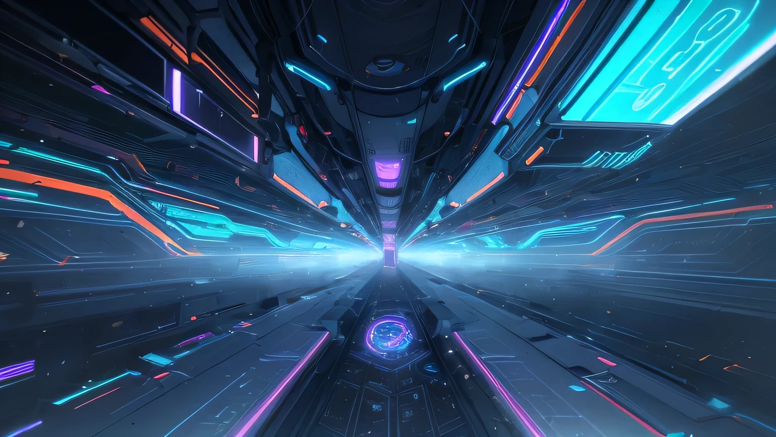 Design a 4K futuristic LED background with vibrant neon lights (blue, purple, orange) forming dynamic grids and circuit patterns. Incorporate sleek metallic textures, holographic effects, and abstract energy waves. Add glitch details and soft particle effects to create an immersive, high-tech sci-fi atmosphere, without any room-like features.