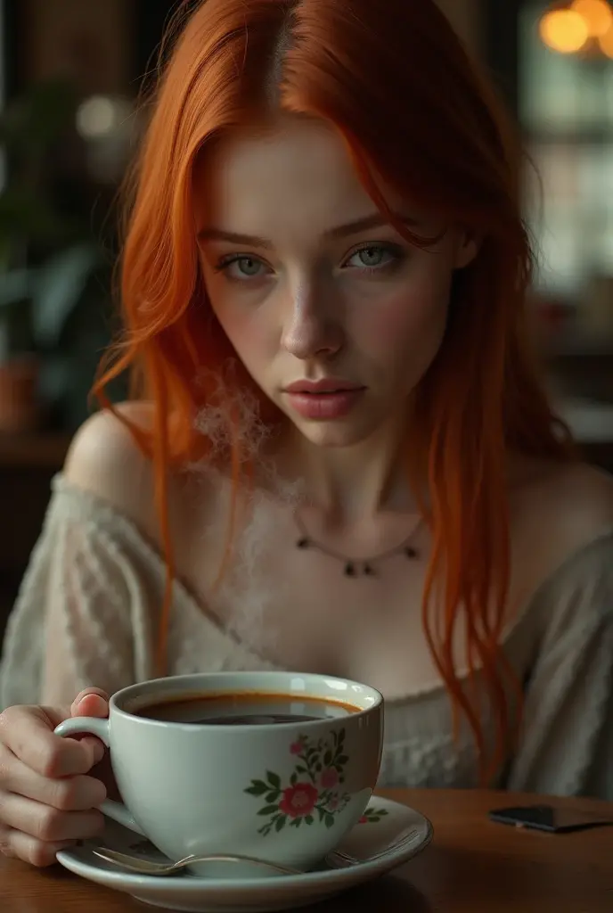 ultra realistic photo same redhead model front naked, drinking a coffee