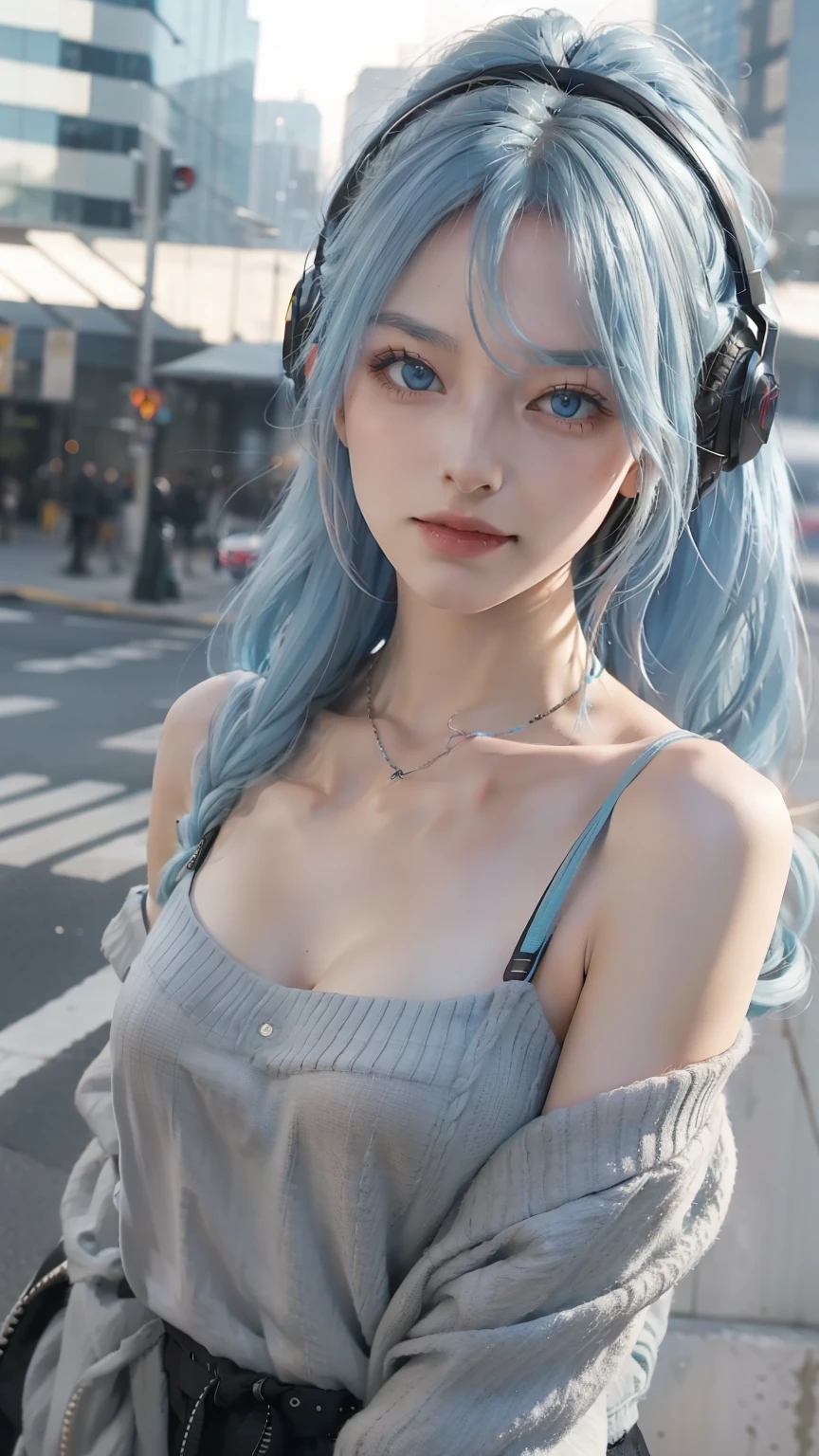 one-girl,Long light blue hair slightly curly,lewd poses,High temperament and coldness,Messy long hair,blue color eyes,Long white eyelashes,Bring headphones,The mouth is closed,No teeth exposed,Rainbow,cyber punk perssonage,The environment is simple,Meticulous facial features,8K,hyper HD,the detail(1:2),cinematric light,warm lights,looking at viewert,鎖骨,Shoulders exposed,Blackn clothes,复杂,Rich in graphics,mizore,真实感