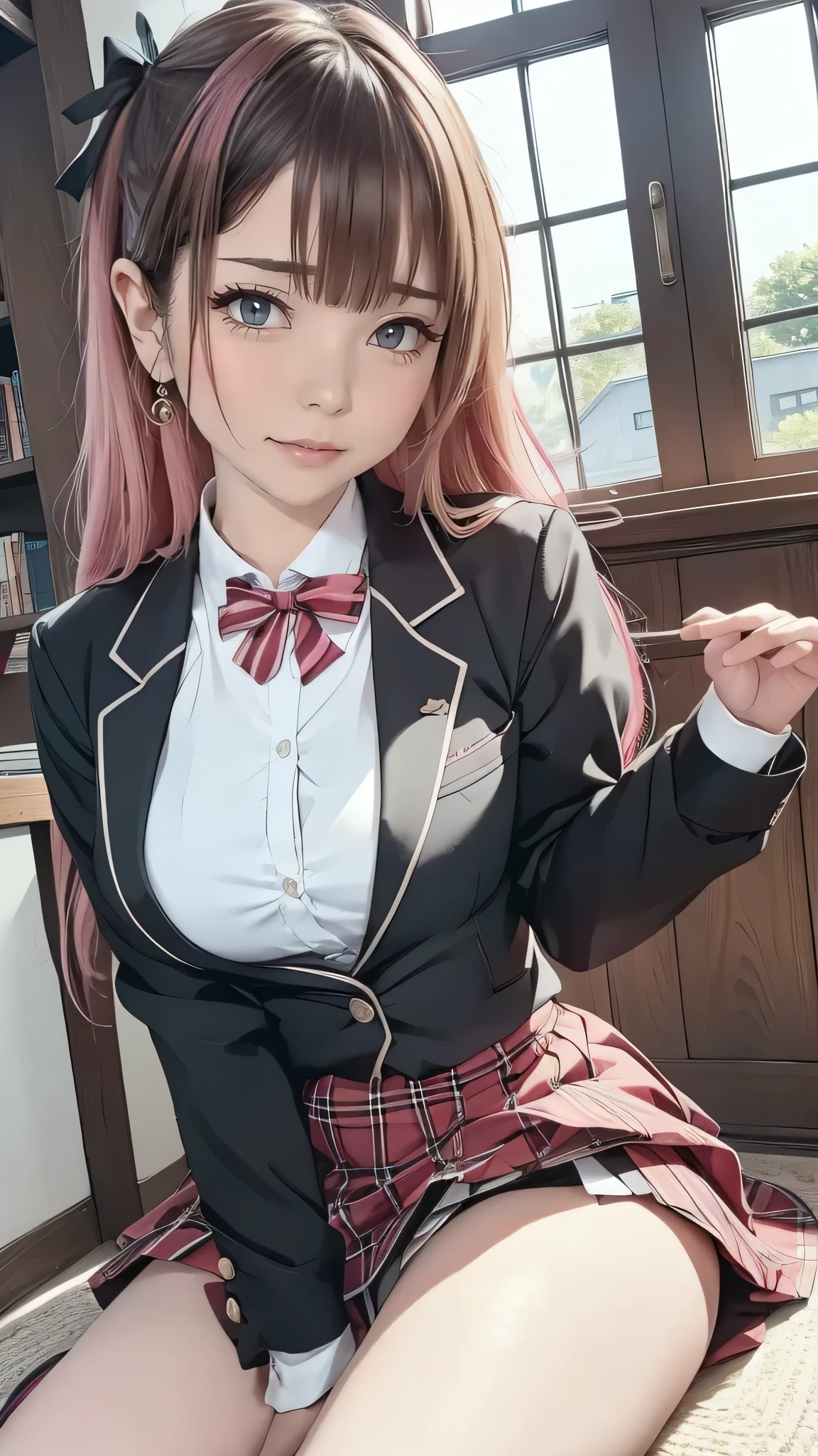 A sexy、A slight smil、knee high socks、panthyhose、Beautie、Beautiful shape、wretched、boredom、Unusual beauty、Fornication、Good skin luster、Long hair straight hair、pinkhair、lovely、Kiss Face、seductiv、Strong sexual pleasure、open your legs a little、JK style、high-school uniform、Black Blazer、Red checked skirt、18year old、saddened、Unhappy、Transcendent beauty、slightly thicker thighs、small mouth、masturbation、Open your mouth wide to the maximum、Nasty look、Put your hand on your crotch、Goth Slow Remake、Neat face、Writhing expression、Maid Taste、A little eye-catching、The nose is clean、garterbelts、Smile a little、Library Background、book library、Boken、find books、read a book、Masturbation with books、stained glass window、Sweat glistens on the face、Sweat on the thighs glows、My whole body is shiny with sweat.、