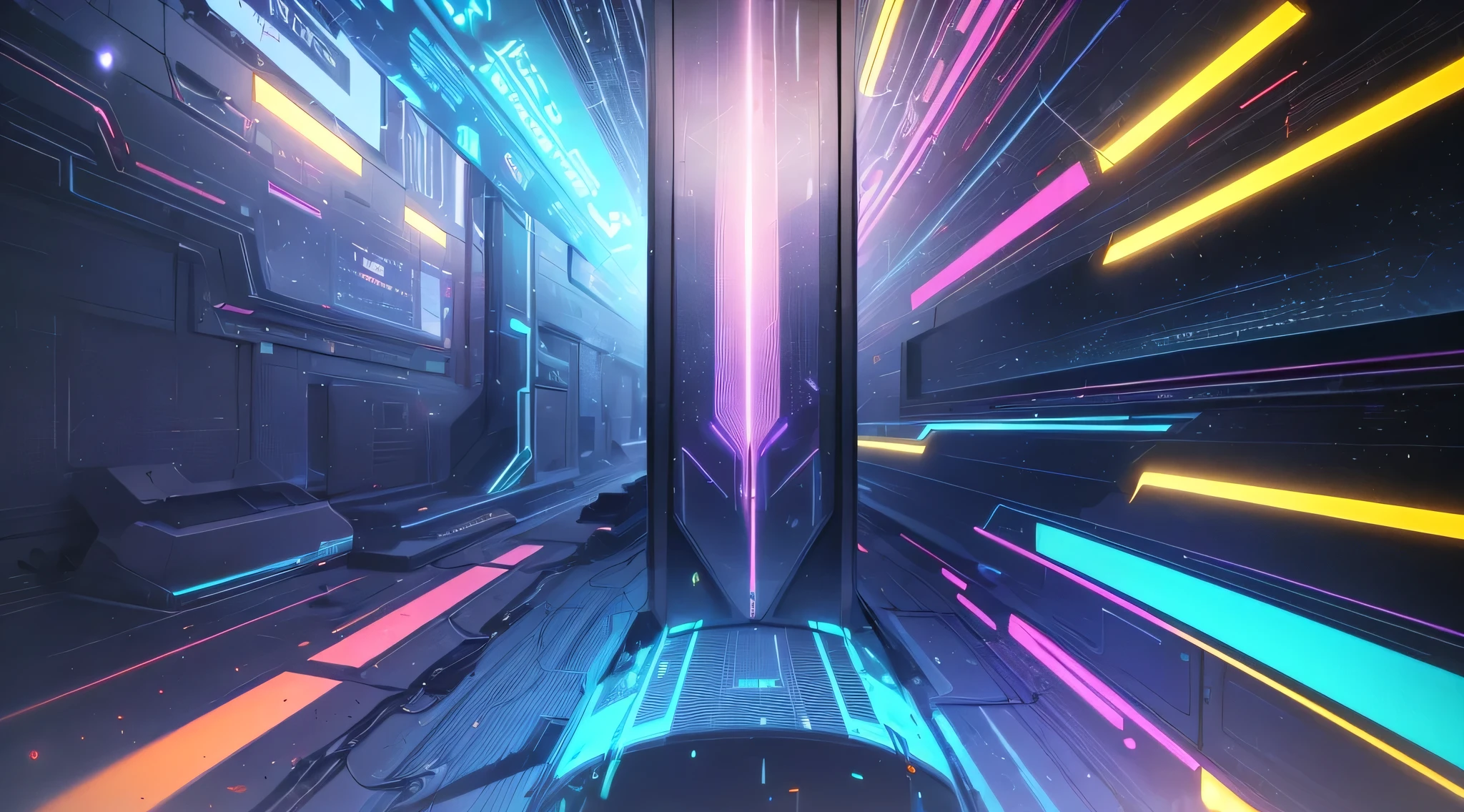 Design a 4K futuristic LED background with vibrant neon lights in blue, purple, and orange, arranged in dynamic, abstract patterns. Incorporate sleek metallic textures, glowing grids, and holographic effects. Add subtle glitch details and soft particle effects for an energetic, immersive sci-fi feel.