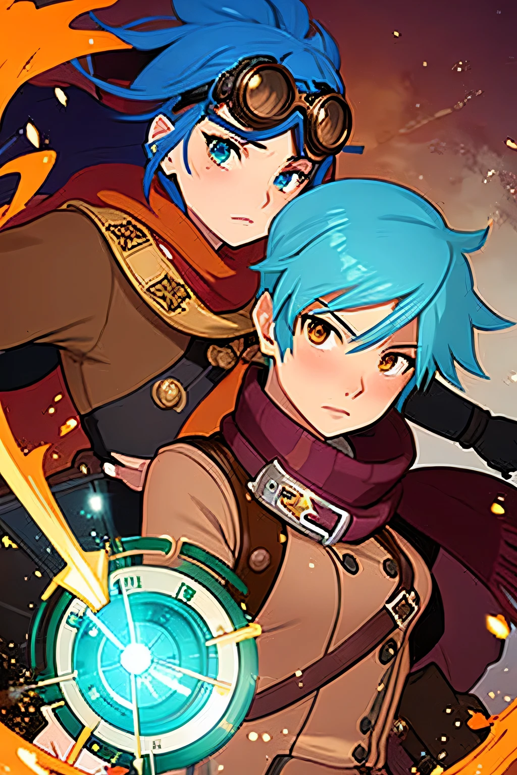 a group of anime characters from legend of legaia game, vahn is in front and the blue hair one, noah is the right and pink hair one, and gala is a macho man facing left and the brown hair one, 2d game fanart, coriolios rpg art style, promotional art, hero 2d fanart artsation, 2d game, 2d digital video game art, art style of dark cloud 2, chrono trigger guilty gear style, 2d art, 2d art, game art!!