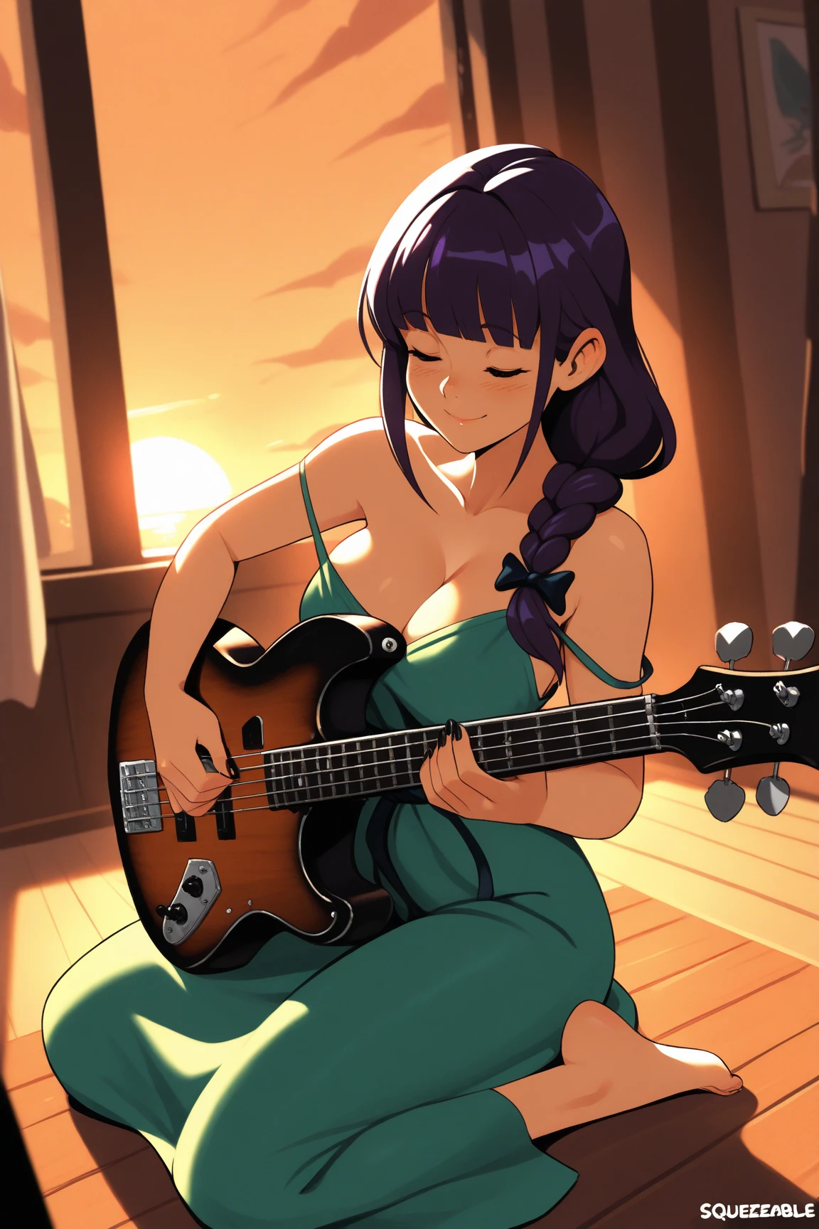 masterpiece, best quality, amazing quality, squeezable style, squeezable art, digital art, dramatic lighting, volumetric rays, high contrast shadows, cinematic angle, soft ambient lighting, warm tones, clean linework, professional coloring, atmospheric depth, modern anime illustration, action game art style, 1girl, solo, closed_eyes, dress, instrument, braid, purple_hair, long_hair, sitting, smile, green_dress, hair_bow, black_nails, bass_guitar, blush, single_braid, black_bow, bow, hair_over_shoulder, , strap_slip, sunset, blunt_bangs, bangs, barefoot, nail_polish, medium_dress, holding, playing_instrument, , closed_mouth, _shoulders,