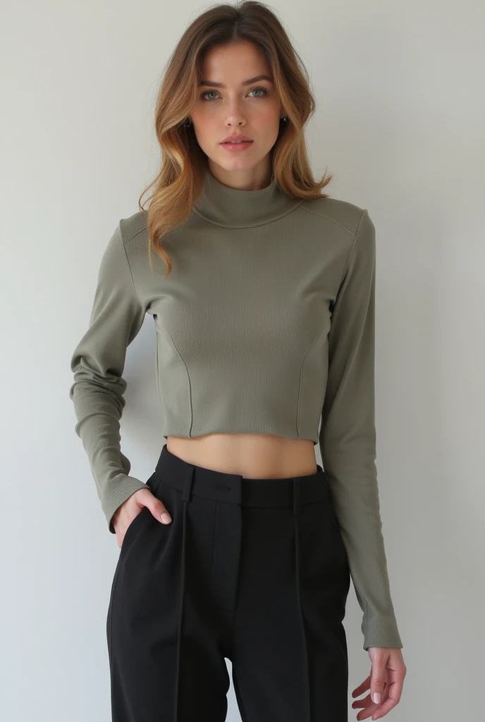 raw photo, 8k, cinematic, 1 girl, blonde hair, beautiful face, eyes on the camera, garden background, acmm ls outfit, wearing acmm top, olive green acmm top, long sleeves, wearing acmm long skirt, olive green acmm long skirt, printed skirt