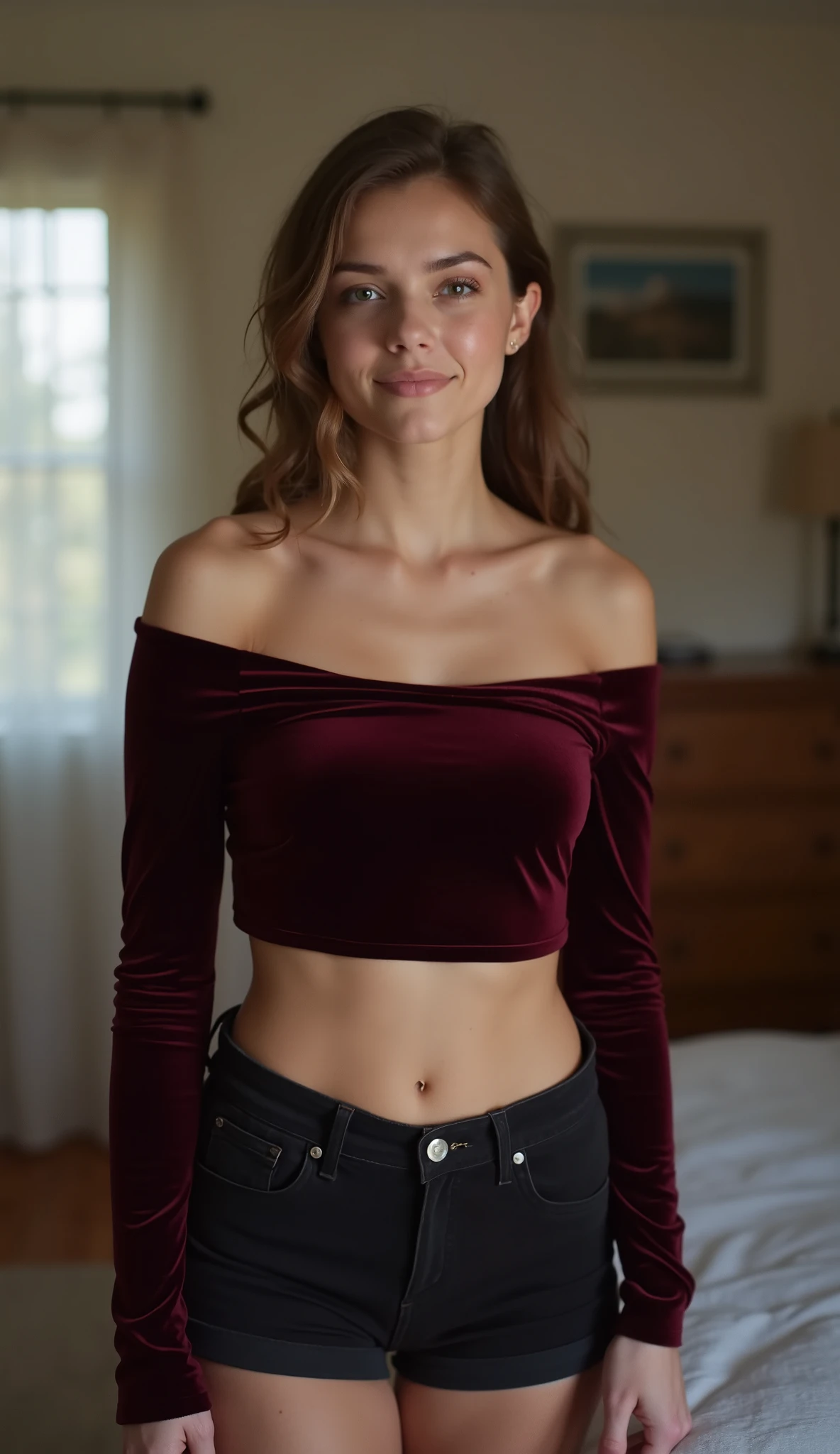 a photograph. The image is a photograph of a young woman standing indoors in what appears to be her bedroom. She is wearing a dark maroon velvet off-the-shoulder crop top that accentuates her collarbones and a small portion of her midriff. The top has long sleeves. She also wears black denim shorts. Her facial expression is neutral, with a hint of a smile.