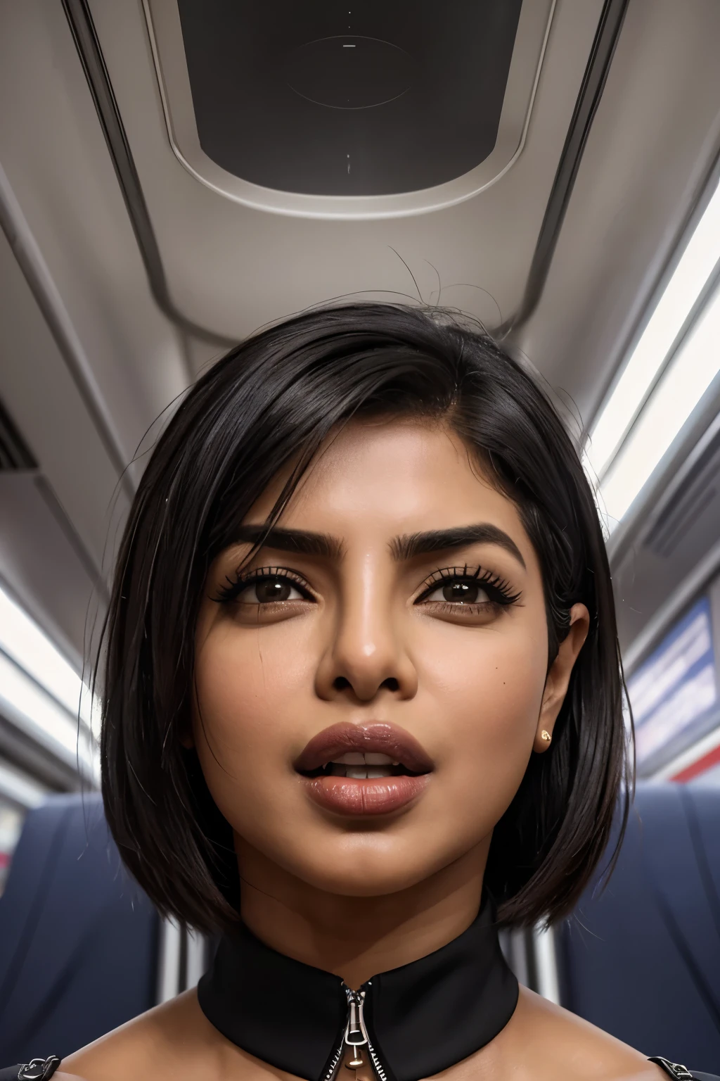 1girl ,muste piece,,Award-winning photo, Extremely detailed, edge orgasm,face focus, (woman priyanka chopra with open mouth and closed eyes ), 30 years old、black hair、shiny skin、Close-up of face,from below、Realistic nostrils、elongated nasal passages,、train、(Inside the train)、congestion、Are standing、((business suit))、big breasts、(sharp nose)grimacing expression,#concept, priyanka chopra teeth,expression,facial expressions,grimacing