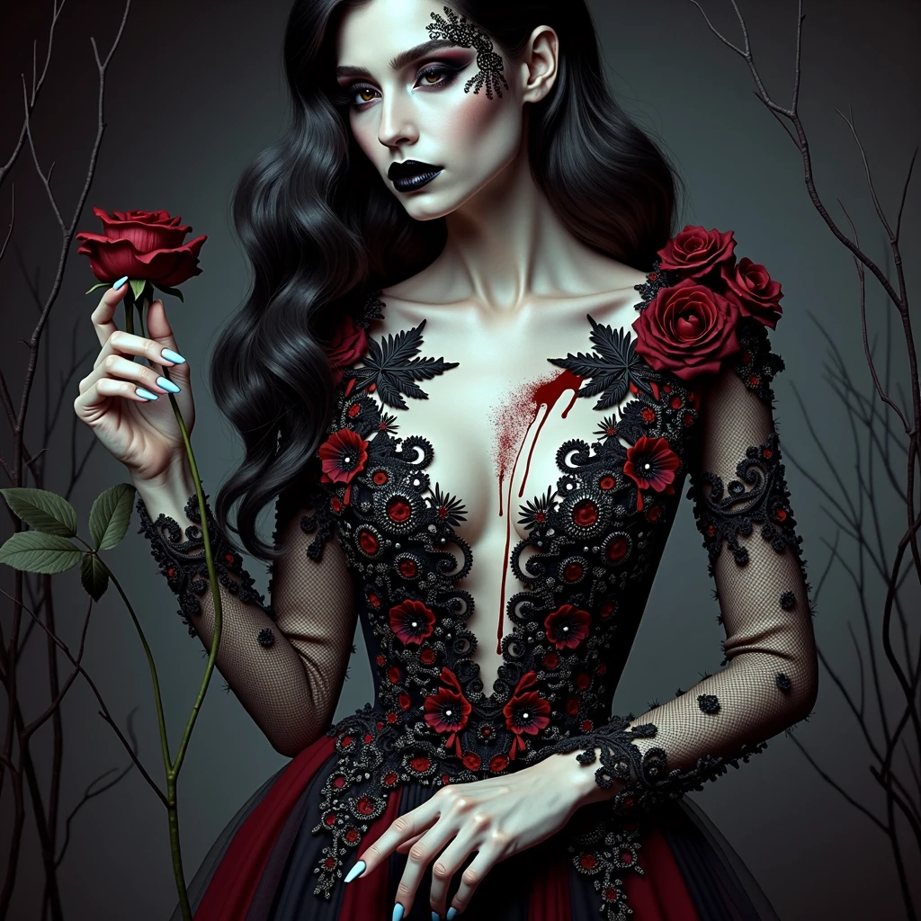(best quality,4 k,8 k,higher ,masterpiece:1.2),ultra-detailed,(realistic,photorealistic,photo-realistic:1.37),gothic art,girl ,lace dress,thorny rose,creepy,terrifying, dark Red lips , burning butterfly,holding a Rose  , Dark red rose .
