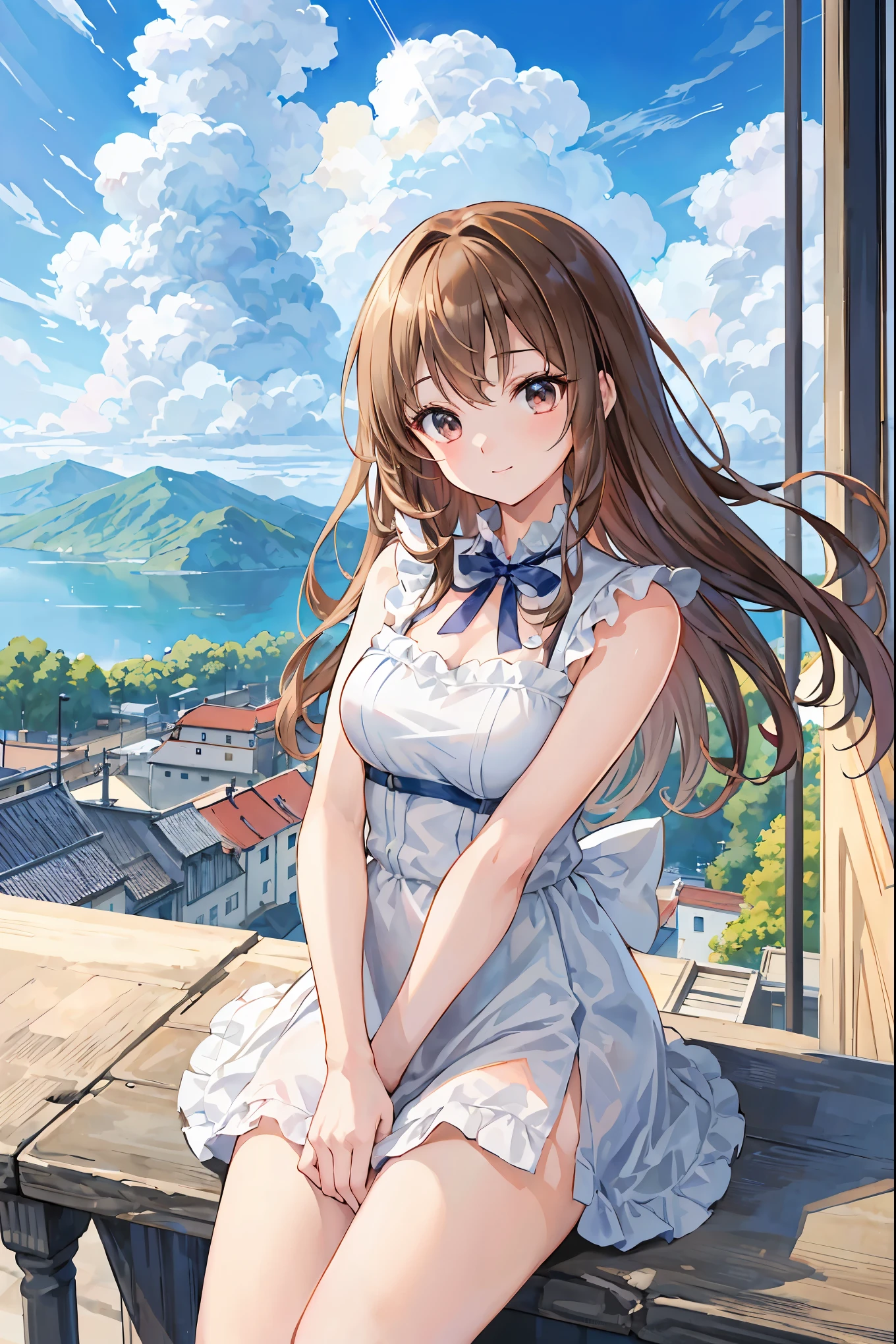 satin, silk, panty, (High quality, High resolution, Fine details), setting sun, Backlight, A straight stretch of railroad track, White Dress, White Hat, solo, curvy women, light brown hair, sparkling eyes, (Detailed eyes:1.2), smile, blush, Sweat, Oily skin, shallow depth of field, Fantastic