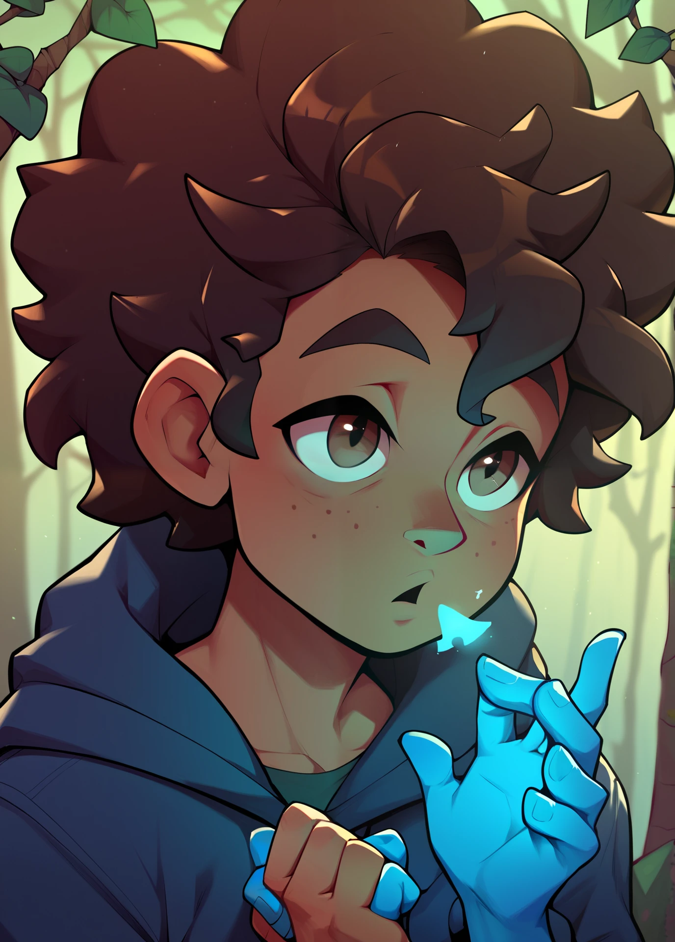  Make a  boy ,black-skinned ,  Short frizzy hair, brown hair, dark brown eyes ,  with blue magic coming out of hand, Alone in a forest  