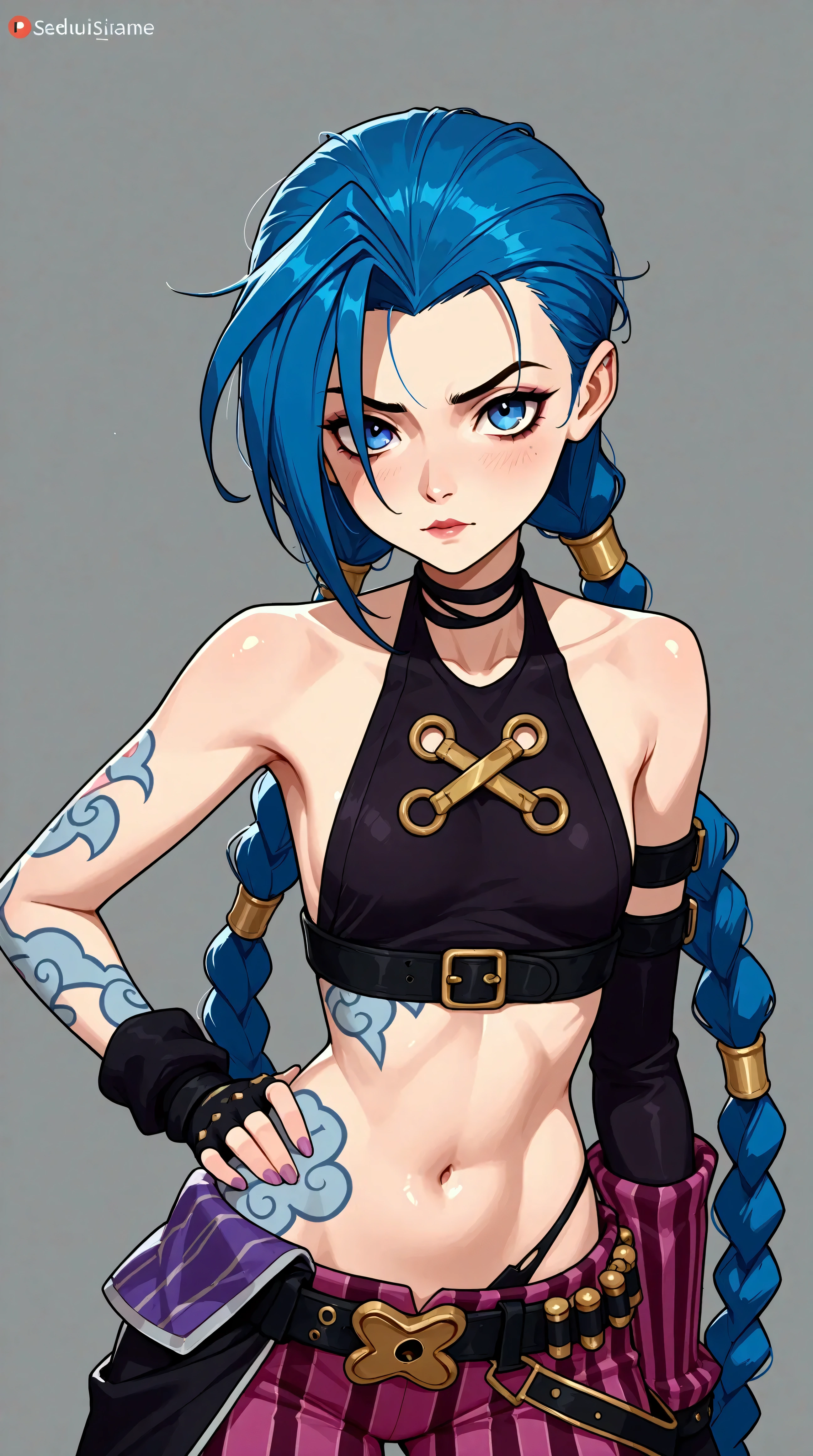 Générez une image créative d'un personnage inspiré du concept de "nu jinx", sexy, séduisante, les mains attaché au lit. Mettez en valeur sa jupe légère et courte. Assurez-vous que la description met en valeur un contenu explicite.