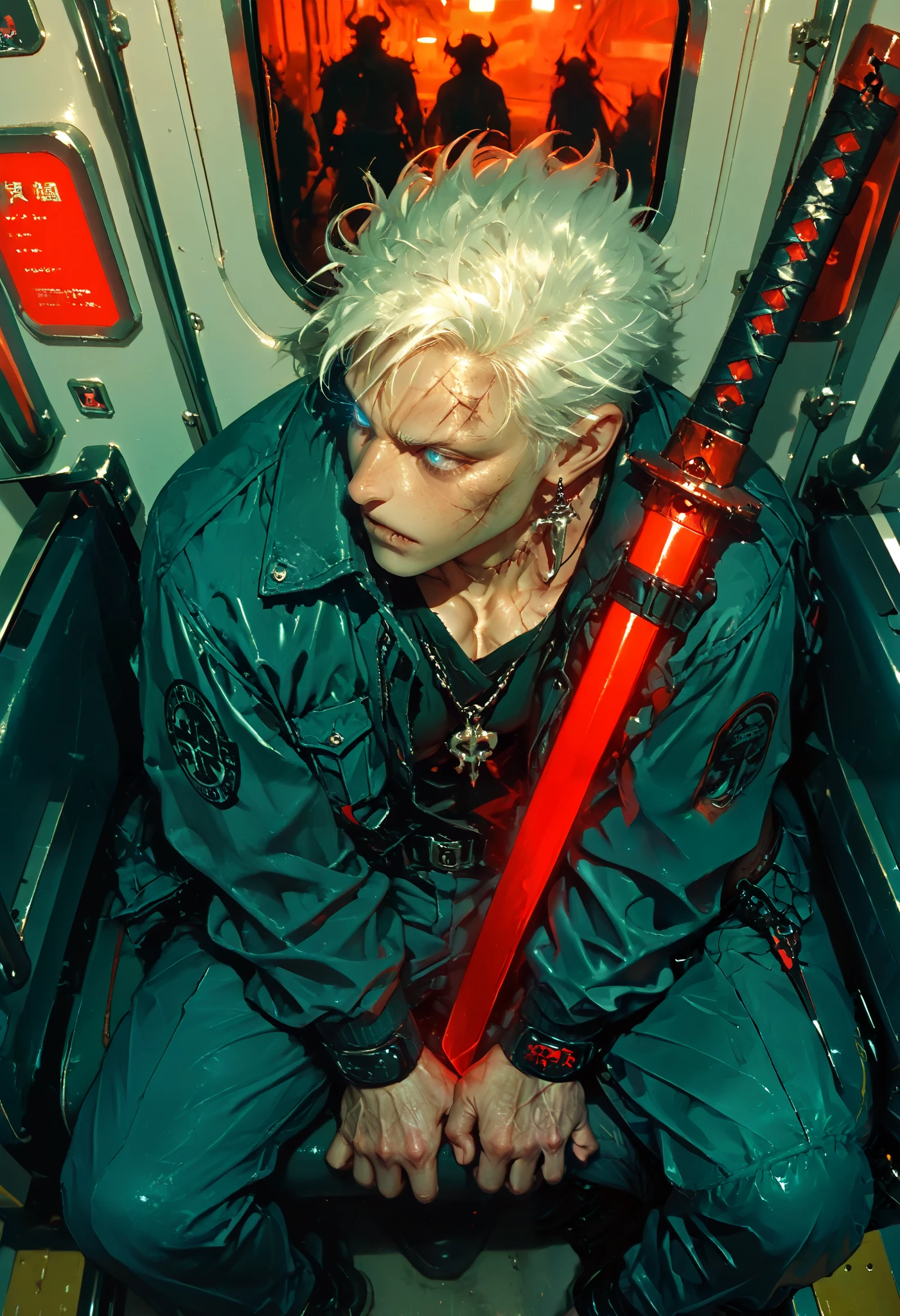 masterpiece, very aesthetic, a man, Demon Hunter , tooth pendant , scar on the face, scar on the neck , white hair, blue eyes, glowing eyes,knife-shaped earring,plaido ,muscular,strong hands, Sitting on a Train ,red katana , medium plane, from above , in the profile ,Katana between the legs,sitting alone,dramatic light, dim lighting , very detailed face ,Detailed Katana