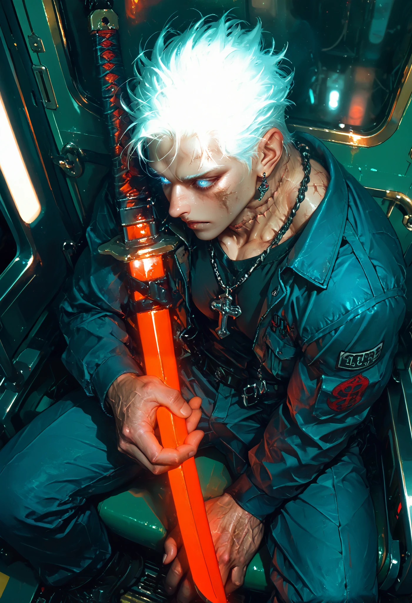   masterpiece,   very aesthetic, a man,  Demon Hunter  ,  tooth pendant  ,  scar on the face,  scar on the neck  ,  white hair, blue eyes, glowing eyes,knife-shaped earring,plaido  ,muscular,strong hands,  Sitting on a Train  ,red katana  ,  medium plane, from above , in the profile ,Katana between the legs,sitting alone,dramatic light,  dim lighting  ,  very detailed face  ,Detailed Katana