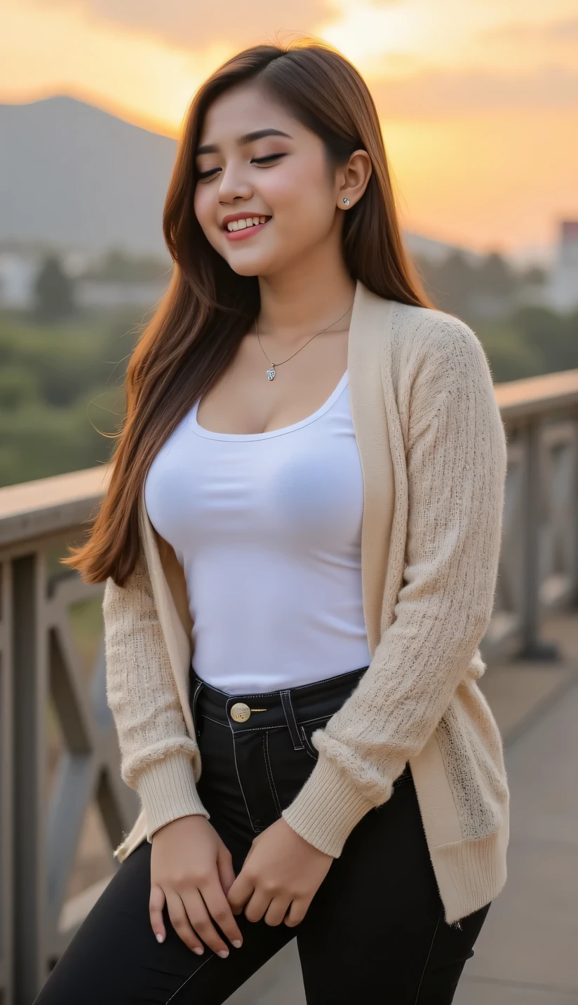 A beautiful indonesian female with long straight hairstyle,25 years old. indonesian face, highly detailed beautiful face and eyes, attractive face, charming face, Full body, chubby body, white skin, medium breasts, cleavage, anatomically correct, long straight hair, brown hair, hair covers ears. Wearing black jeans, white t-shirt and cream cardigan, necklace. Background overlooking a beautiful mountains in afternoon, sunset, orange light in the sky. Standing on the edge of bridge, facing forward, hands on thighs, closed eyes, smile showing teeth. Ultra detailed chubby body, highly detailed appearance, hyper quality image. Highly detailed background. Hyper resolution. Ultra high realistic image. 16k. Ultra detailed