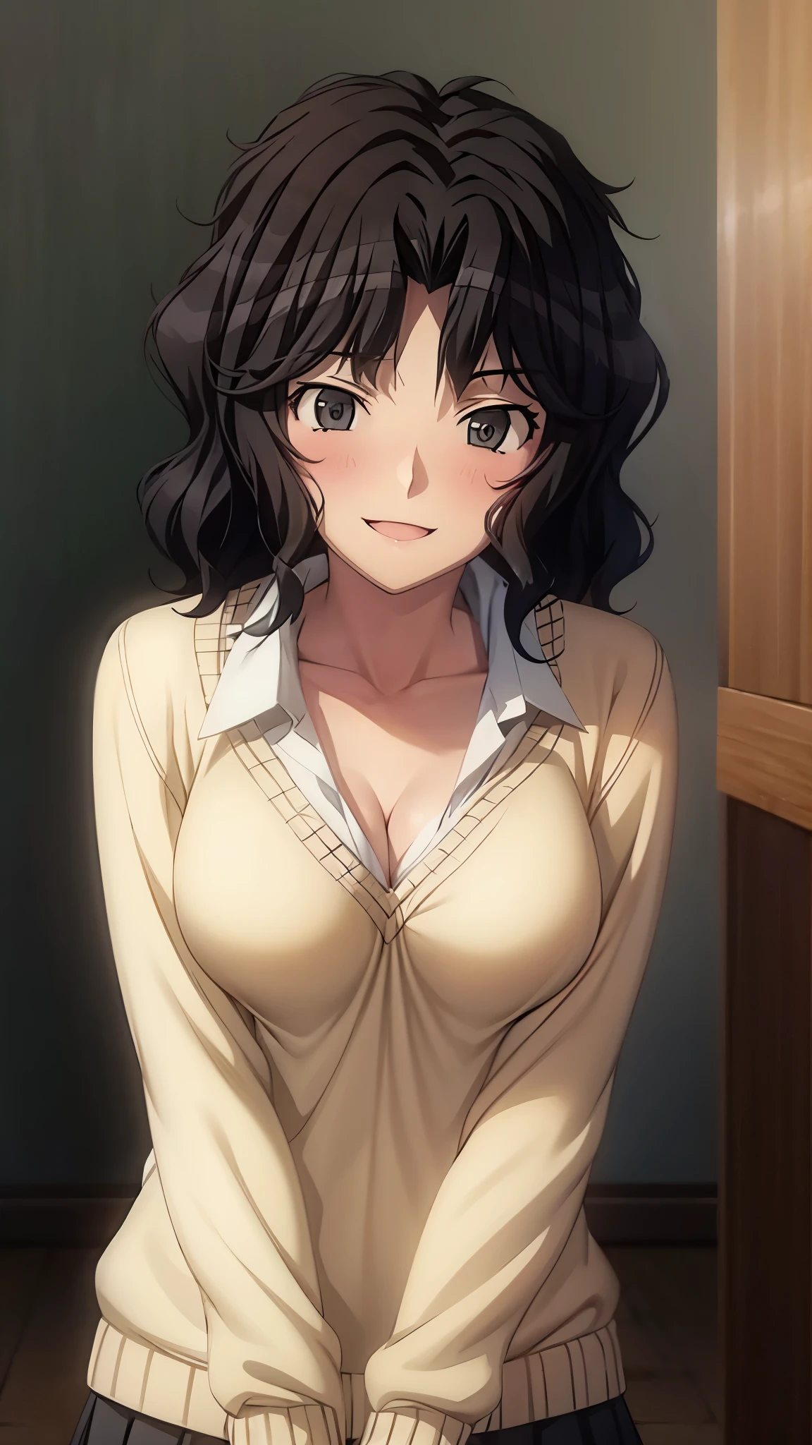 ( super high quality ,Ultra high resolution,16k,super masterpiece,Ultra HD ,Detailed shading and background,) sexy girl ,( white shirt, cleavage in years, cream sweater, black miniskirt,)smile,blush,