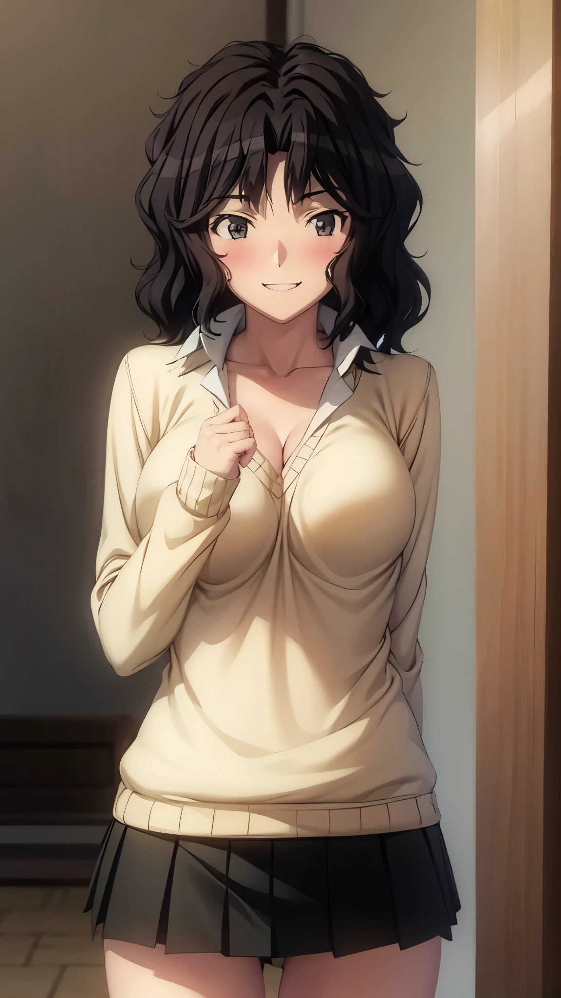 ( super high quality ,Ultra high resolution,16k,super masterpiece,Ultra HD ,Detailed shading and background,) sexy girl ,( white shirt, cleavage in years, cream sweater, black miniskirt,)smile,blush,