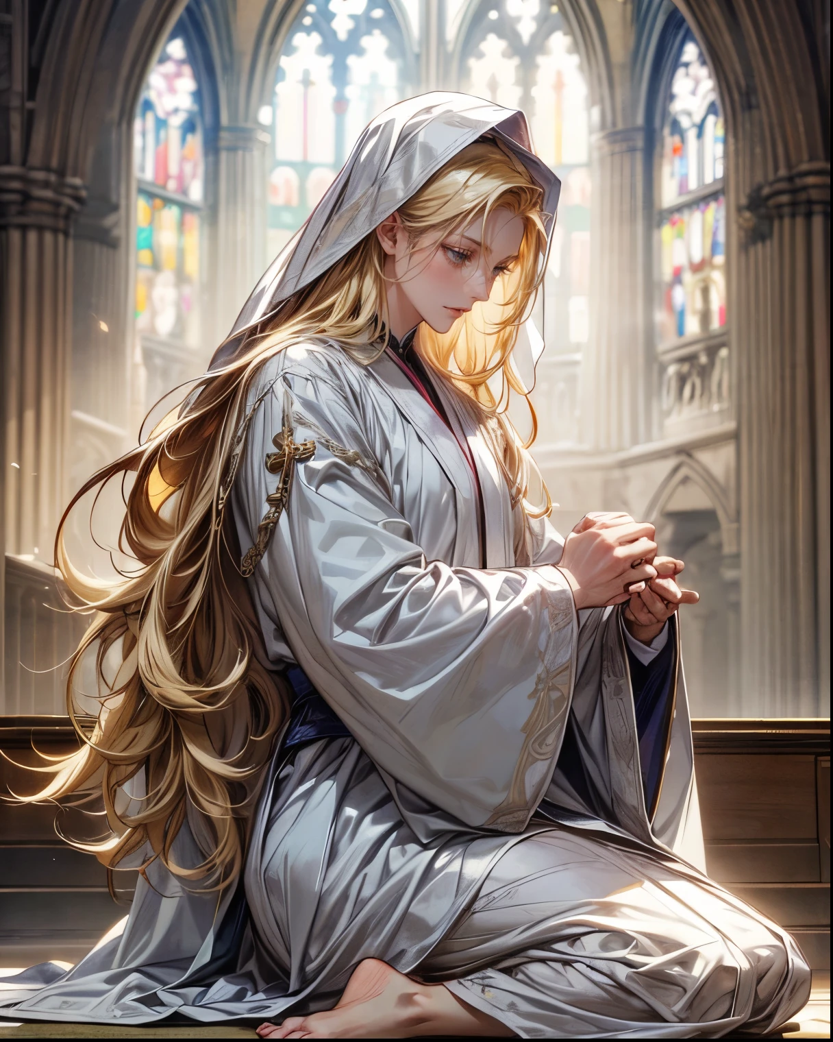 1 Caucasian man (Very beautiful face,Perfect Face, handsome, affeminate features, slim,blonde,Very Long Hair,straight,Very beautiful hair,Very beautiful robes, white robes, sheer Veil saint),background(church, tinted windows, light coming from above),(Best Quality,Highest quality,masterpiece,detail,Super fine),(close-up, kneeling, praying,Art Nouveau,Alphonse Mucha)