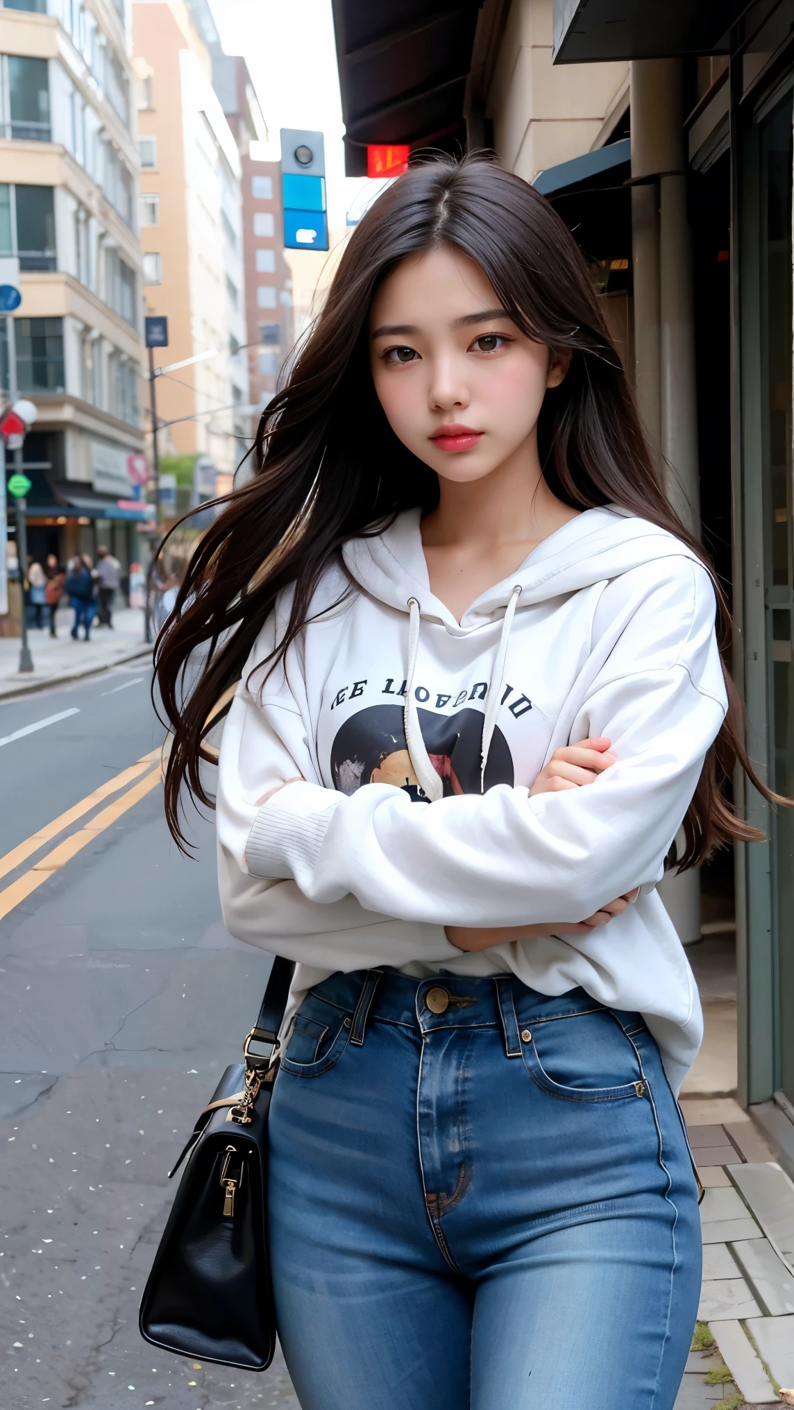 High Quality , high resolution, Masterpiece. The photographic realism of the young woman stands out , Spectacular black and white horse dark brown wavy hair is swaying in the wind . She seems to be thinking deeply while staring into the distance. She's wearing a long dark gray hoodie , Black top, jeans, Boots and fingerless gloves for extra protection . There is a dark uninhabited street behind her , creates an overall quiet atmosphere .