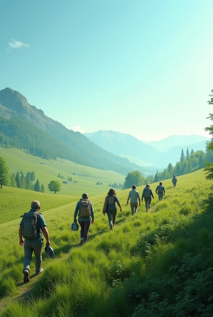 A vast, verdant landscape , with Noah's descendants walking in groups , carrying belongings . The sky is clear , symbolizing a fresh start after the flood .