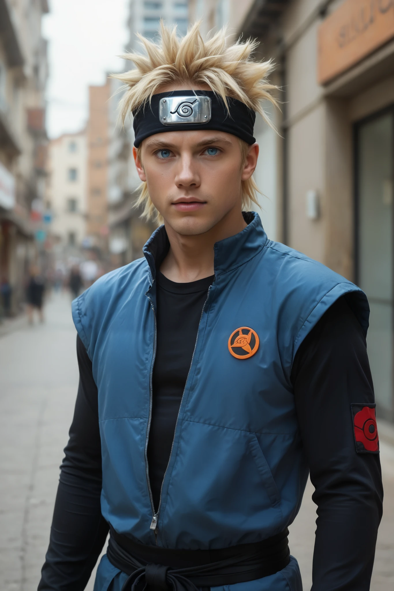 "Create a realistic depiction of Naruto Uzumaki as a human in a modern, real-world setting. He should have spiky blonde hair, blue eyes, and wear a casual yet recognizable outfit inspired by his iconic ninja attire. Include subtle elements of his ninja theme, such as a modernized version of his headband or jacket. The environment should reflect an urban yet slightly adventurous atmosphere, with a touch of his youthful energy and determination."