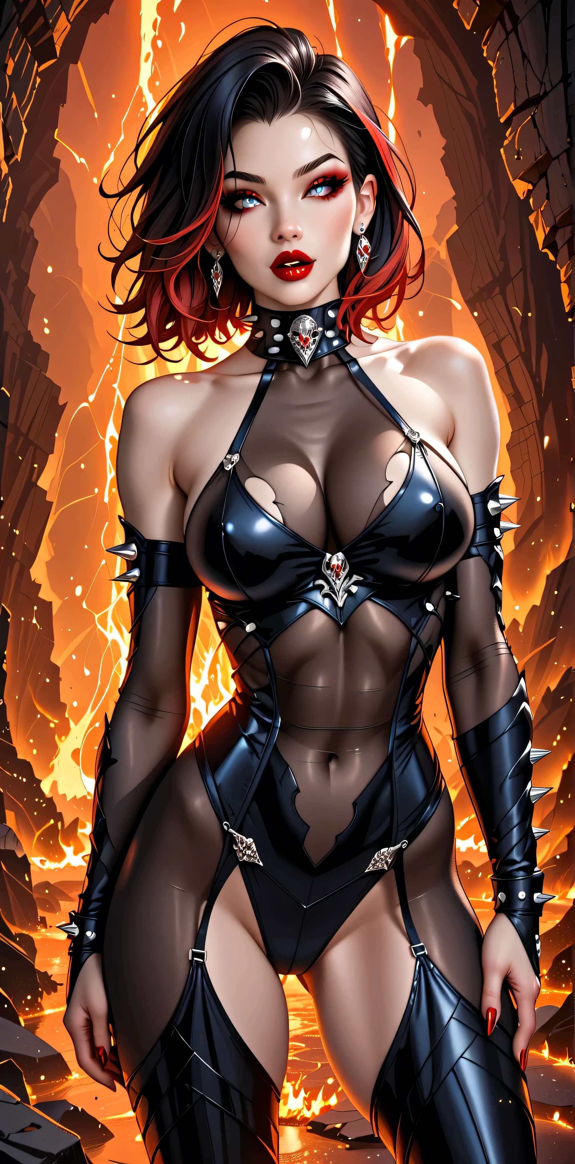 score_9, score_8_up, score_7_up, solo, 1girls, Expressiveh, source_realistic, photorealistic, masterpiece, masterpiece, demoness, Lady Death, sharp demon horns, full body, ht_riza, reptile woman, monster warrior girl, ((scaled skin, reptile skin:1.3)), ear piercing, earrings, spiked collar, scales, spiked shoulder pauldrons, sinozickexpressaiu, ExpressiveH, sassy, heart, long black hair with red streaks with bangs, red highlights, closed mouth,((orgasm face)) reptilian skin,reptilian scales, tattered torn bodystocking, Investigator Bodystocking, BARE SHOULDERS, see-through bodystocking, black lipstick, black eyeshadow, thick eyelashes, choker with spikes, legs spread wide open, thigh high boots, black spiked gloves, busty fake saggy breasts, thin waist, curvy hips, attractive face, dynamic motion, epic pose, black gloves, black platform boots, spiked pauldrons, spiked bracelet, white eyes, full body, apocalyptic landscape, dark night, lava, fire, flames, dutch angle camera tilt, looking at viewer, turned on, mischievous, aroused, standing, legs spread wide open, dynamic angle, three-quarters view), no tail
