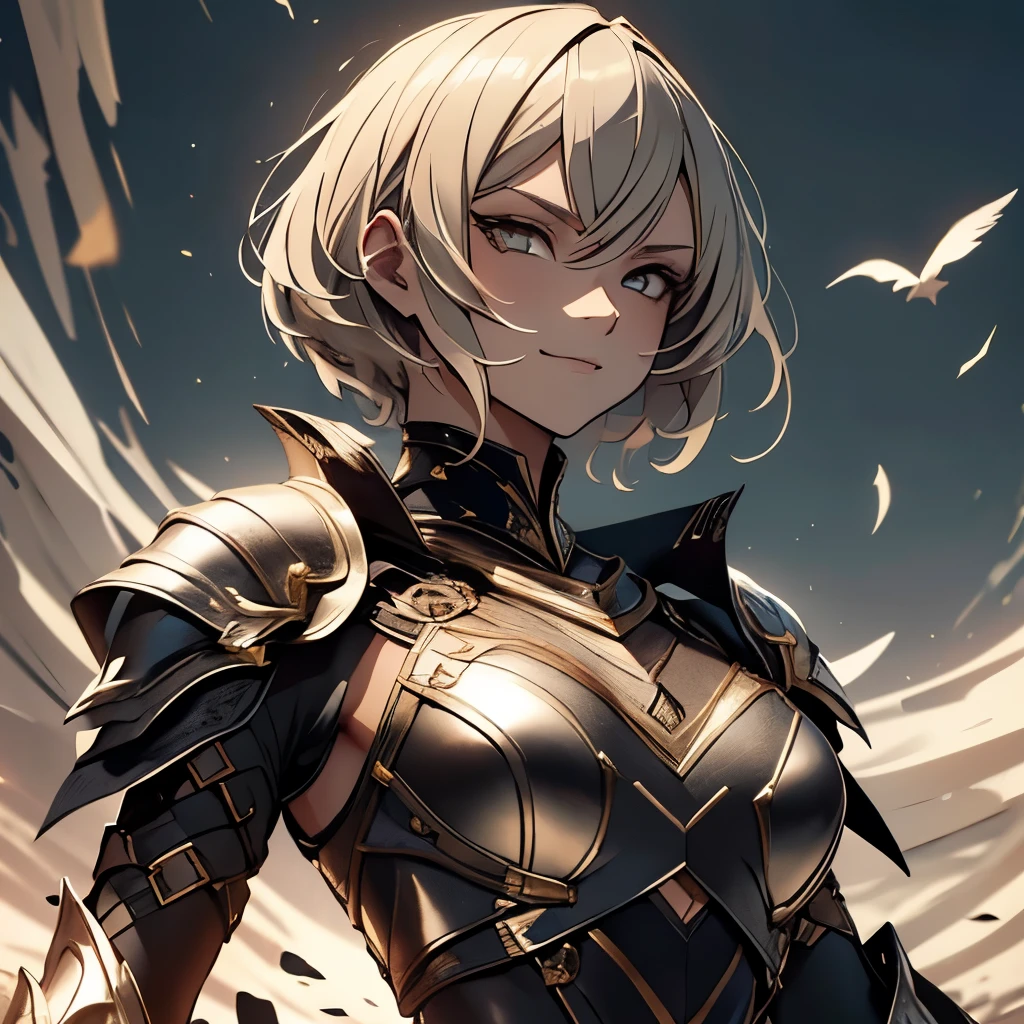 A young girl alone . age 25 years. height 1,65. whole body. short blond hair . Loose hair . short hair. Armadura leve de luta cor Black, Black, armadura na cor Black, with . haughty look. Shiny golden yellow eyes. detailed eyes . serene countenance, smiling. dynamic pose .
