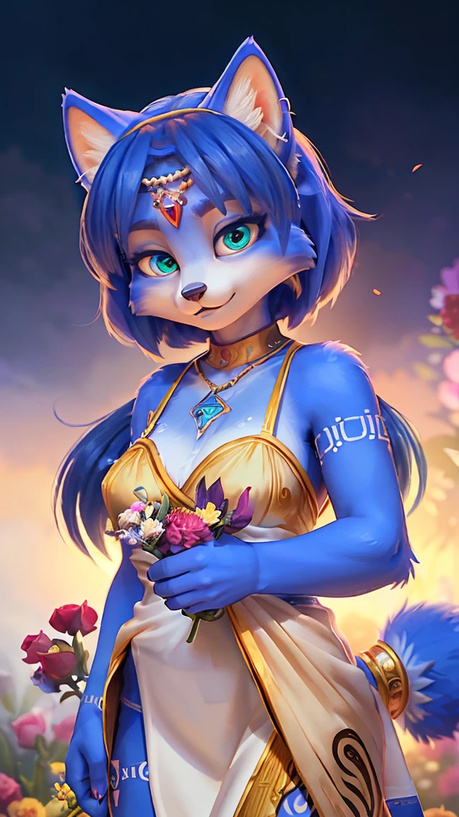 A beautiful and detailed picture of ((Krystal)), Star Fox Krystal, sslim, lovable, green eyes, medium breasts, (((Long blue hair 1.3))), Decollete, anthro, furry, Uploaded E621, detailed fluffy fur, (wa Fluff-Kevlar, Bayard Wu, Personalami, Pino Daeni), detailed face, (fluffy), 1 girl, alone, sweet girl, ((lies on a meadow:1.3)), looks at the viewer, viewer is above the, ((((Her whole body can be seen:1.3)))), to be seen from head to toe, wears tribal clothing, wears light armor, Chest protection, wears a light magician's robe, (((breasts are covered:1.4)))