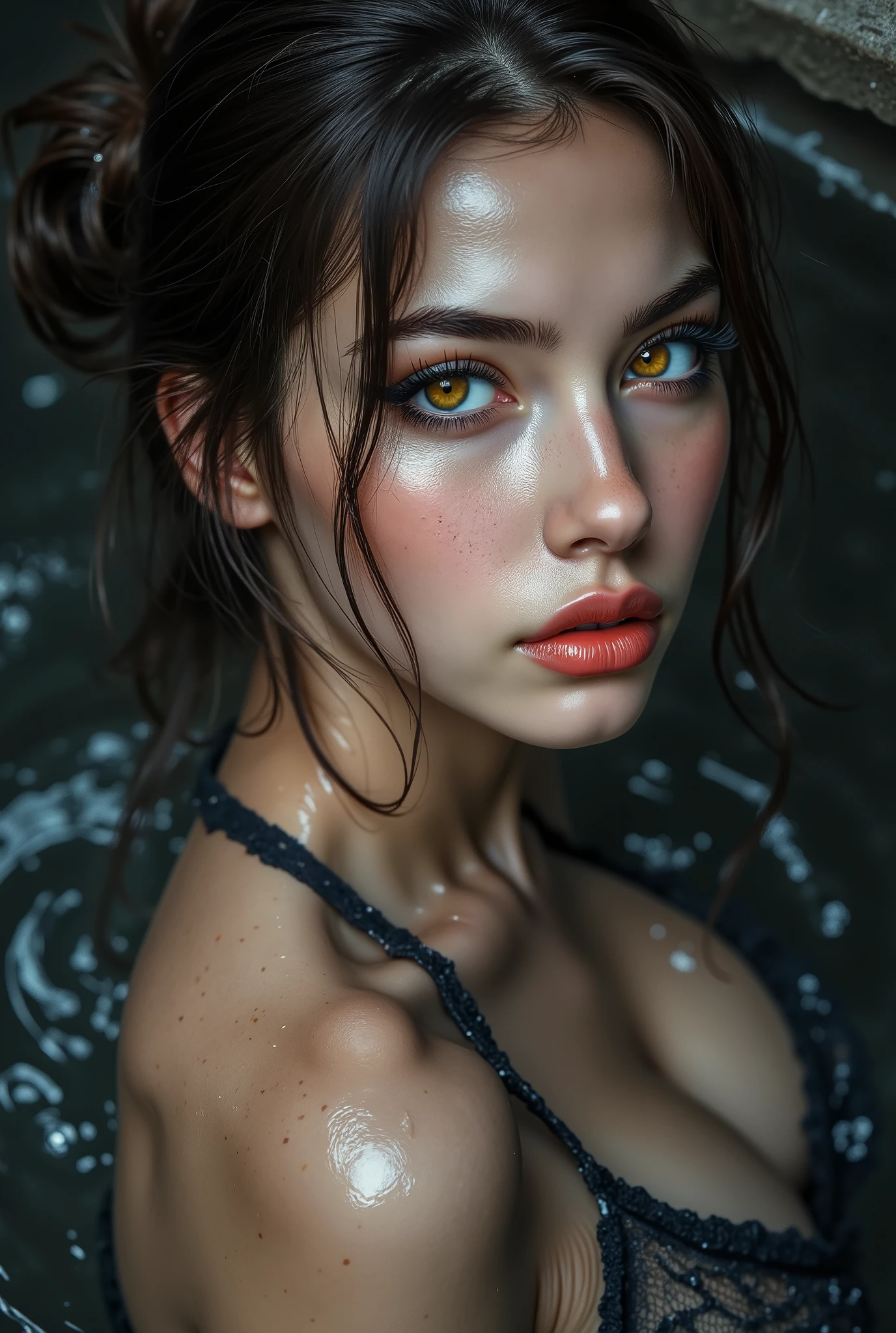 portrait of S441_LizaVaiss,a beautiful woman,in a (pond:1.1),wearing a (black-tshirt),(wet-hair),(4k, RAW photo, best quality, 50mm, depth of field, ultra high res:1.1),(intricate, photorealistic, cinematic-shot, masterpiece, ultra-detailed:1.1),