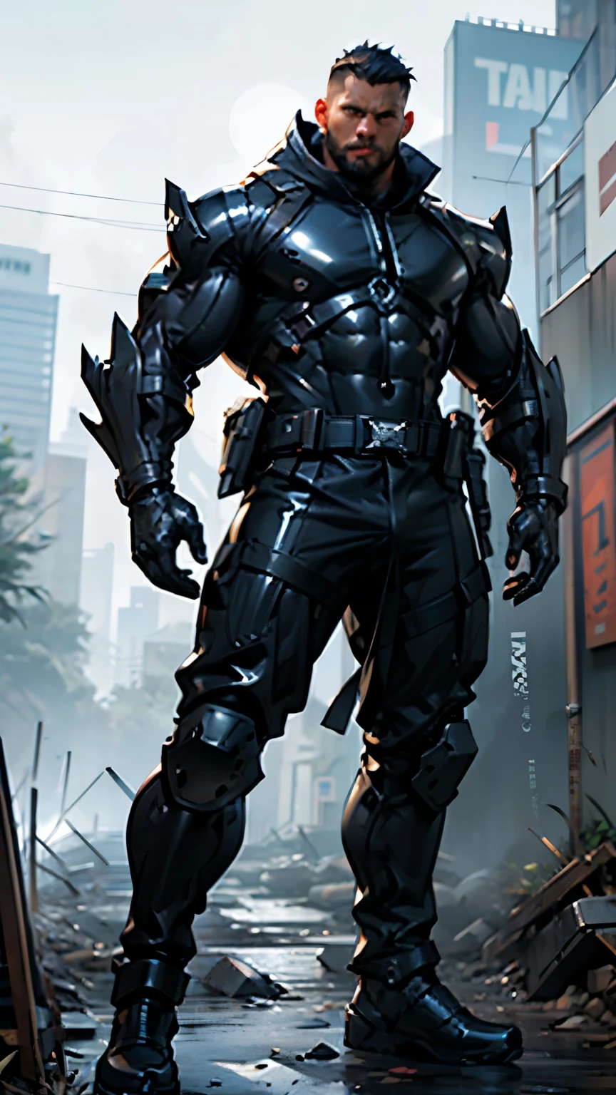 ( full length) muscular man, lean body , 2 meters height, super male , 35 years old. male soldier of the future in a tight cybersuit made of super shiny black latex , in ePTactic chrome metal equipment , tactical gloves made of super shiny black latex , супер Very big realistic bulge. The night ruins of the battlefield , focus on face, contract, anatomically correct , high-quality, masterpiece, dynamic lighting