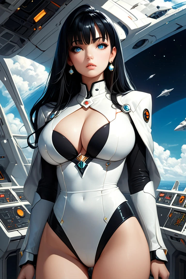 (((A young woman))), the anime, Green eyes, (black hair), Nice face, ssmile, the perfect body, Wavy Hair, hairlong, (((morena))), big breastes, ((tmasterpiece, beste-Qualit)), illustartion, ультра детализированная 8k, Photorealistic, sharp-focus, higly detailed, Professional lighting, colorful details, Rainbow colors, Glowing, intricate detials, Vivid details, space suit, (white skirt), (blue jacket), The head is bandaged with a bandage, blood on the face, Bruised hands, hands in bandages, After the fall, outer space, the planet, Races,