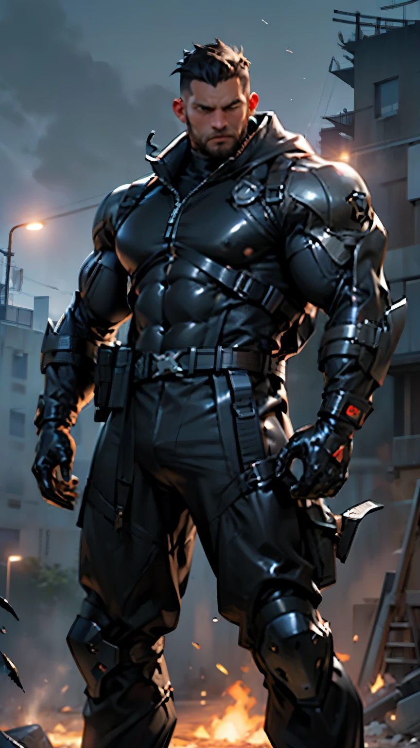 ( full length) muscular man, lean body , 2 meters height, super male , 35 years old. male soldier of the future in a tight cybersuit made of super shiny black latex , in ePTactic chrome metal equipment , tactical gloves made of super shiny black latex , супер Very big realistic bulge. The night ruins of the battlefield , focus on face, contract, anatomically correct , high-quality, masterpiece, dynamic lighting