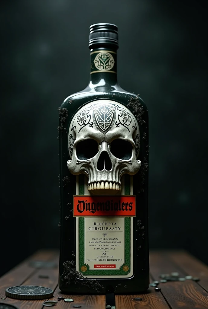 Realistic image of warning of alcoholic drinks in "black label" glasses and bottles with the appearance of a human skull with a written warning "ALKOHOL MERUSAK KESEHATAN ANDA " very clear photo and fine detail