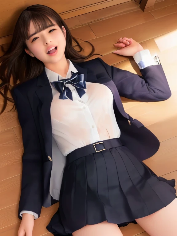 top-quality、Super Detail、front of view、、((wearing school uniform)),、a、You can see up to the feet、skinny thigh、perfect hand、perfect foot、Perfect body、Sexy Shots, Photorealsitic, 8K、The lateral chest is visible、、Ordinary chest、Beautiful body lines、being thin、short hair、Skin revealing,,(()),,(()),in hotel,lying down on the bed,,(((showing race panties))),,wavy short and Brown hair,makeup,blazer style uniform
