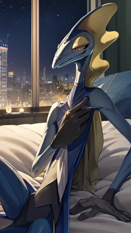 Inteleon adult male 、 Exact finger count 、Night background、 Pose lying on the bed , open legs posture , Inteleon male , salivating, inteleon in love , direct look at the spectator