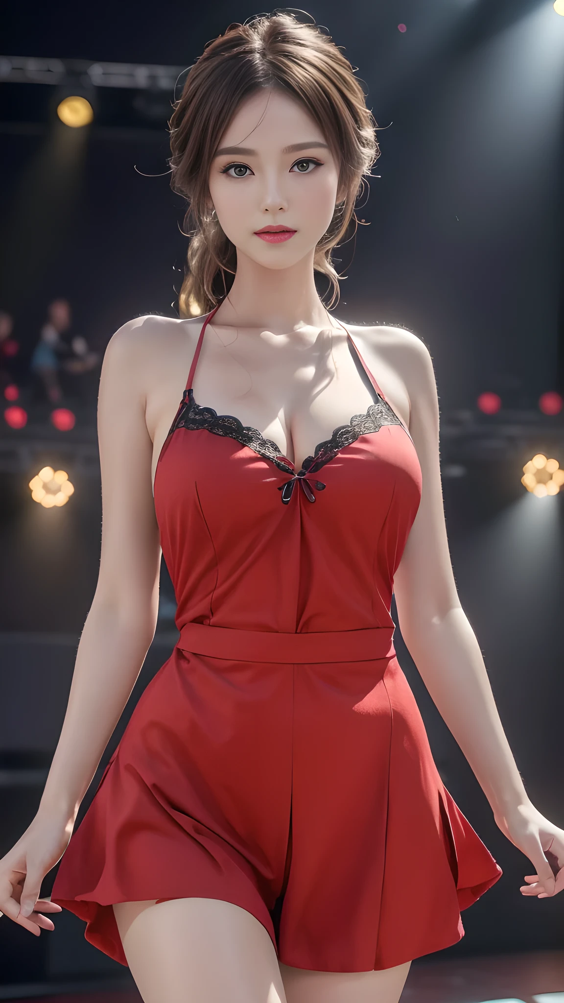 8k, masterpiece, RAW photo, best quality, photorealistic, extremely detailed CG unity 8k wallpaper, Depth of field, Cinematic Light, Lens Flare, Ray tracing, (extremely beautiful face, beautiful lips, beautiful eyes), intricate detail face, ((ultra detailed skin)) 1girl, in the dark, deep shadow, pretty Asian girl, idol, 1 girl, (very slim slender fit-muscled body:1.3), ((looking at viewer)),(big smile:1.3), (tight laced blouse), ((hot pink color blouse)), (short sleeve) , (city night, dark night, (neon sign), (blurred background), dim lights, cityscape, rooftops, beautiful earrings, bracelets, necklace, pantyhose, clear eyes, (pale skin), (big eyes), face forward, ((upper body shot)), (black, red silk pants),(brown hairs), (see through blouse), (looking at viewer:1.3), open breast, (very slim), medium breasts, (see through),((flooming laced)), (camel toe), (see through jacket), short hair