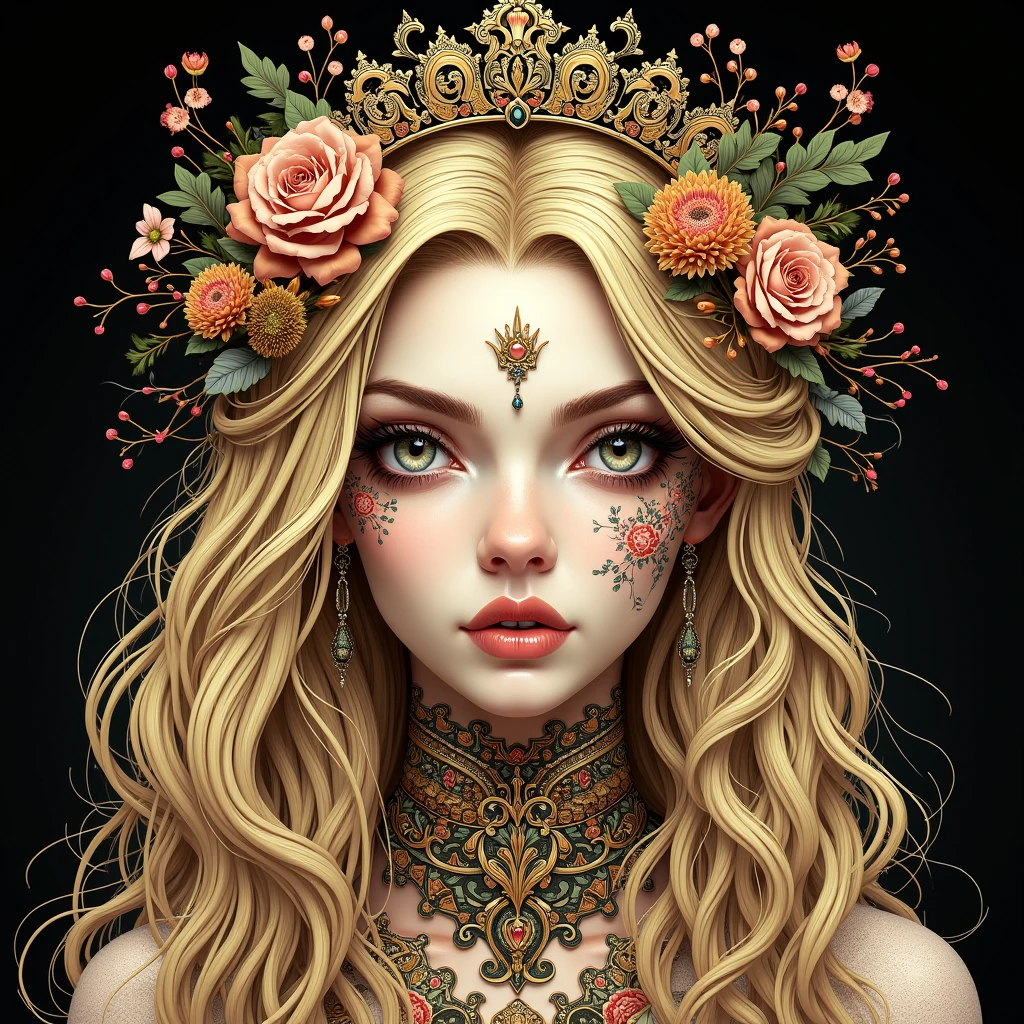 (skeleton like:0.4), ((female ornate princess)), (with blonde long flowing hair), (bright beautiful eyes), trending on artstation, flowers of hope by Jean-Honor Fragonard, Peter mohrbacher, hyper detailed, insane details, stunning, intricate, elite, art nouveau, ornate, liquid wax, elegant, extravagant, luxury, Greg Rutkowski, ink style, sticker, vector-art, beautiful character design, double exposure shot, luminous design, award winning, masterpiece, amoled black background, (full torso),