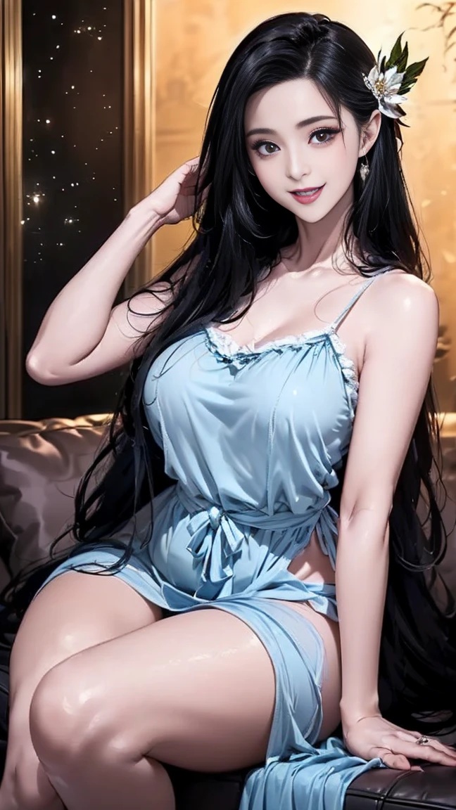 1woman, 40yo, very beautiful and sensual, long dishevelled black hair, blue eyes, fine nose, sinuous sexy body with very large tits, ample bottom and a slim waist, wearing a short, white, transparent nightgown, she is lying in bed she's waking up She is still sleepy-eyed to the light